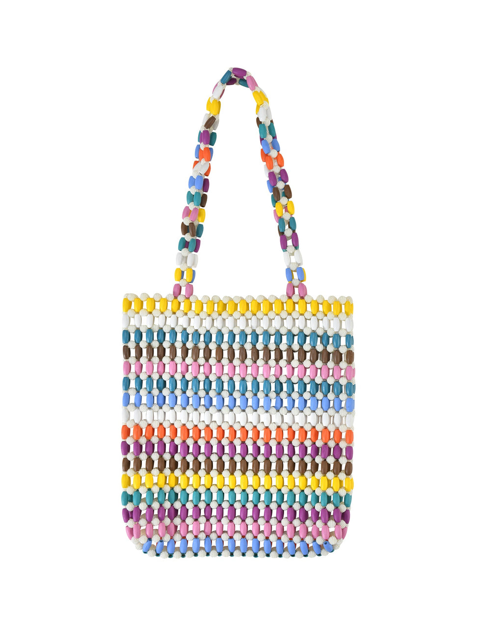 The STORMY BAG - STRIPE by TIGERMIST is a handmade, multicolored wooden bead bag featuring vibrant rainbow hues like yellow, purple, blue, and white in a striped design. It includes two matching beaded handles for added style.
