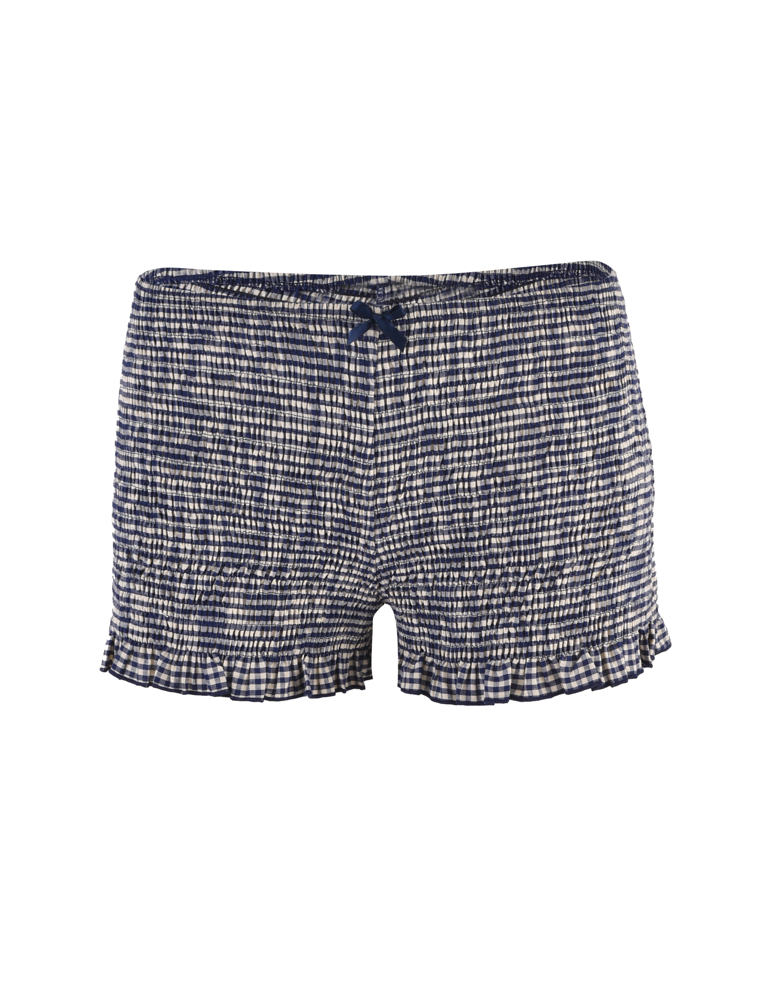 The TIGERMIST ERYNN SHORTS in navy gingham feature blue and white smocked fabric, a ruffled leg opening, and a small bow at the waistband, shown against a white background.