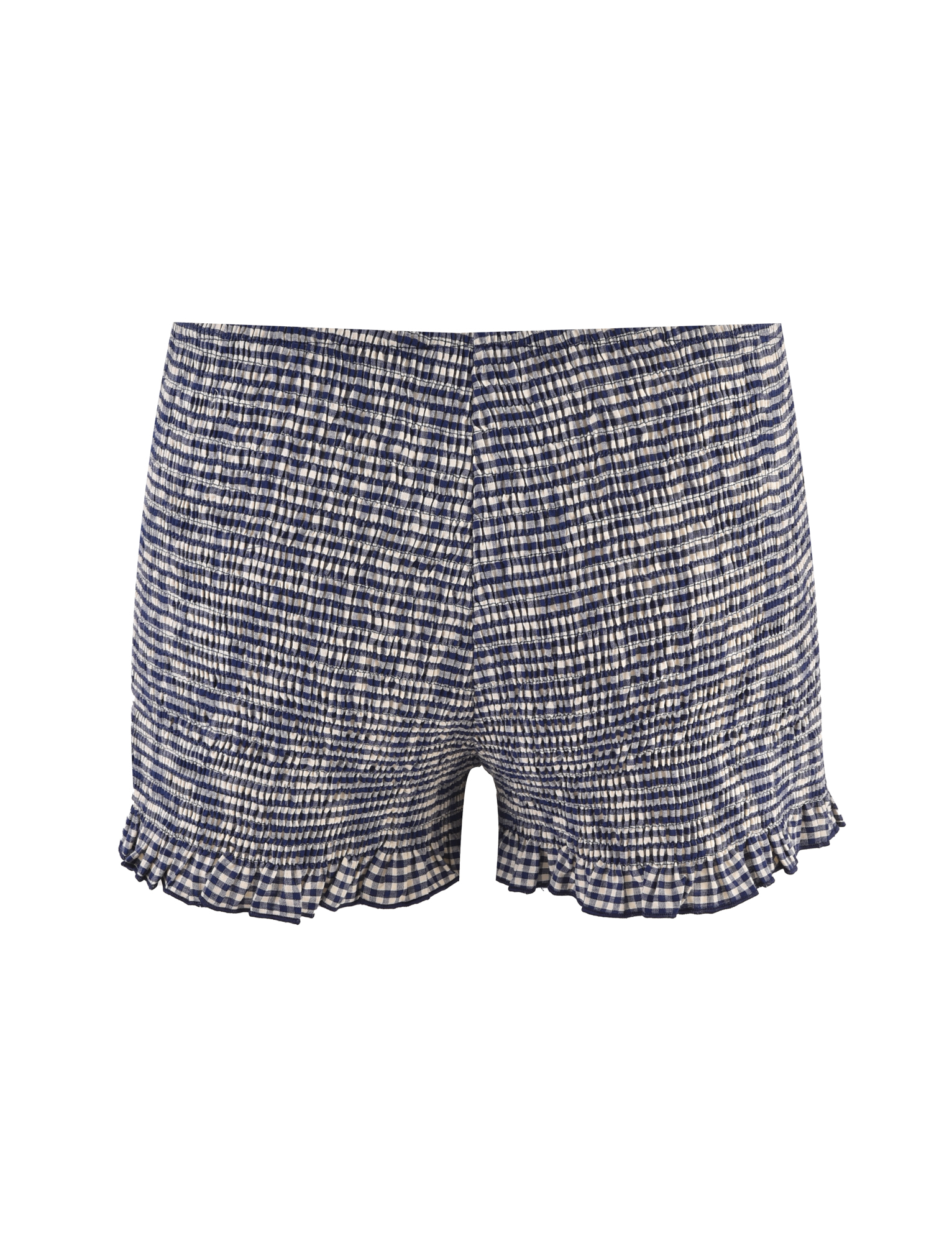 TIGERMIST ERYNN SHORTS in navy gingham feature a blue and white checkered pattern with a ruffled hem, shown against a plain white background.