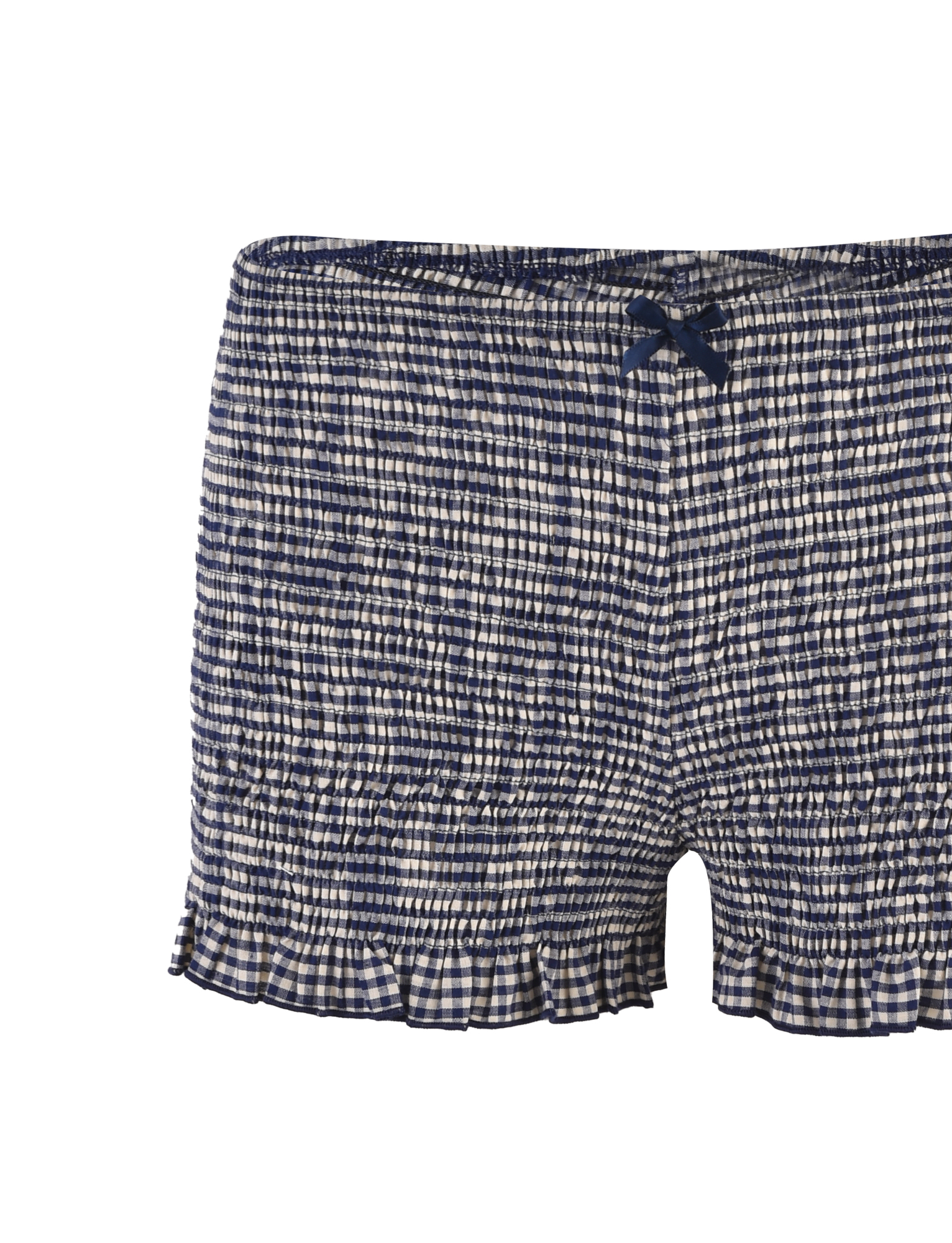 The TIGERMIST ERYNN SHORTS in navy gingham feature a crinkled texture, elastic waistband, small front bow, and ruffled leg openings, shown against a white background.
