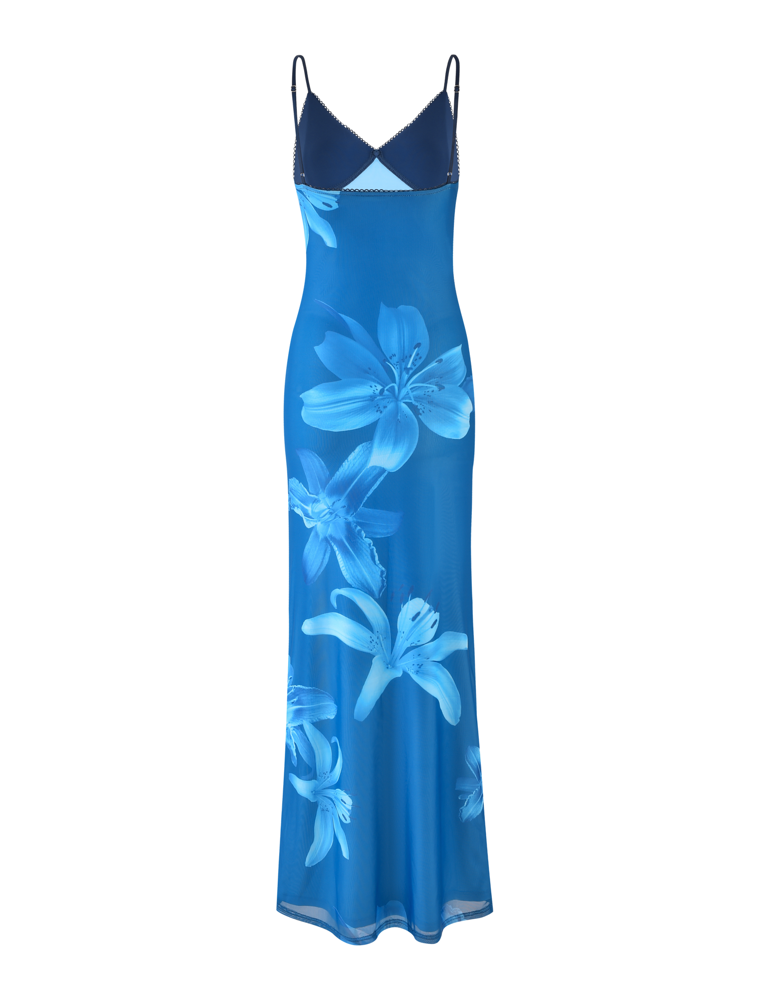 The TIGERMIST ALAINA DRESS - BLUE ORCHID is a fully lined maxi slip dress featuring adjustable spaghetti straps, a bold blue orchid floral print, and a sleeveless design for standout style.