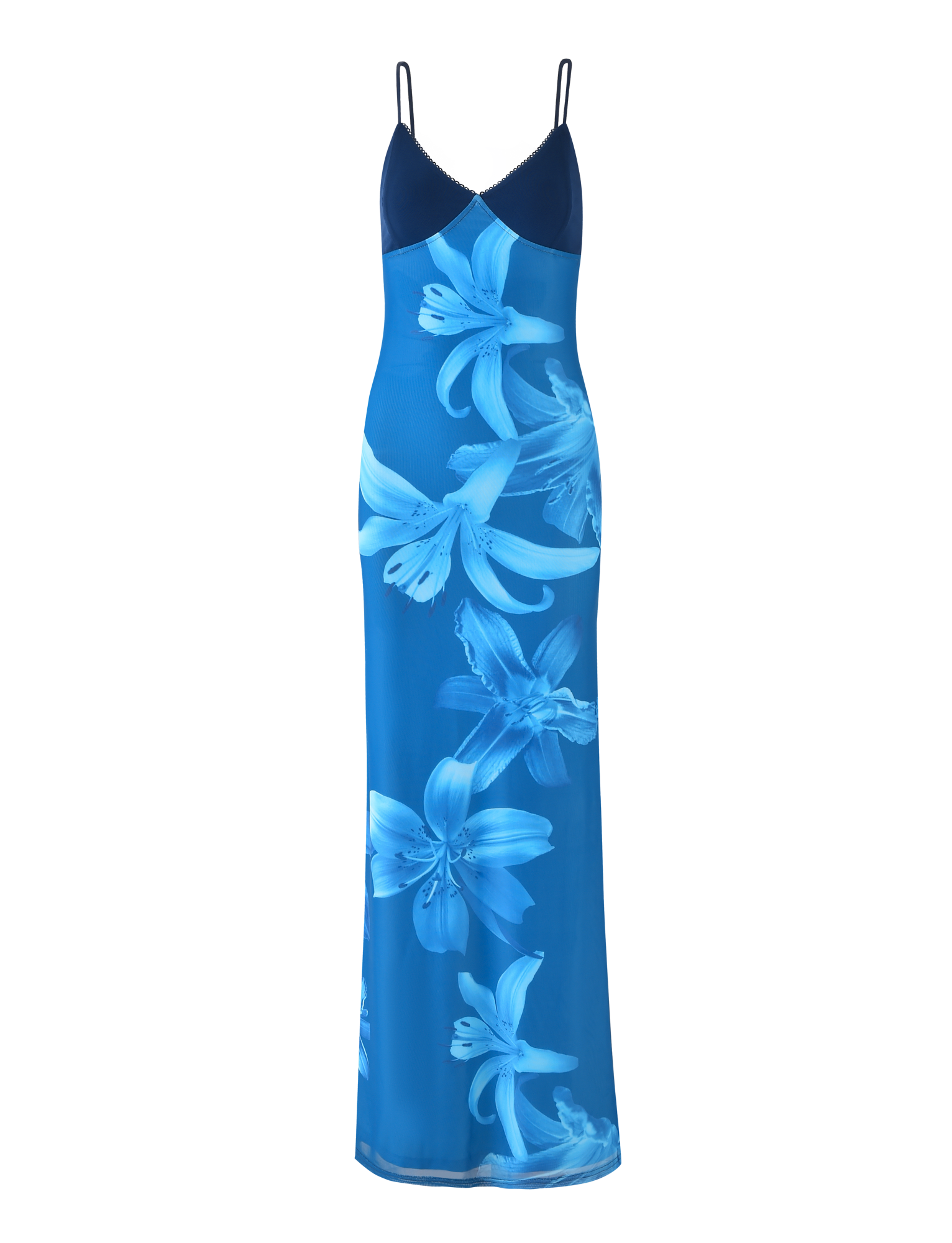 The ALAINA DRESS - BLUE ORCHID by TIGERMIST is a sleeveless, fully lined maxi dress with adjustable spaghetti straps, a fitted bodice, and a bold light blue floral print throughout.