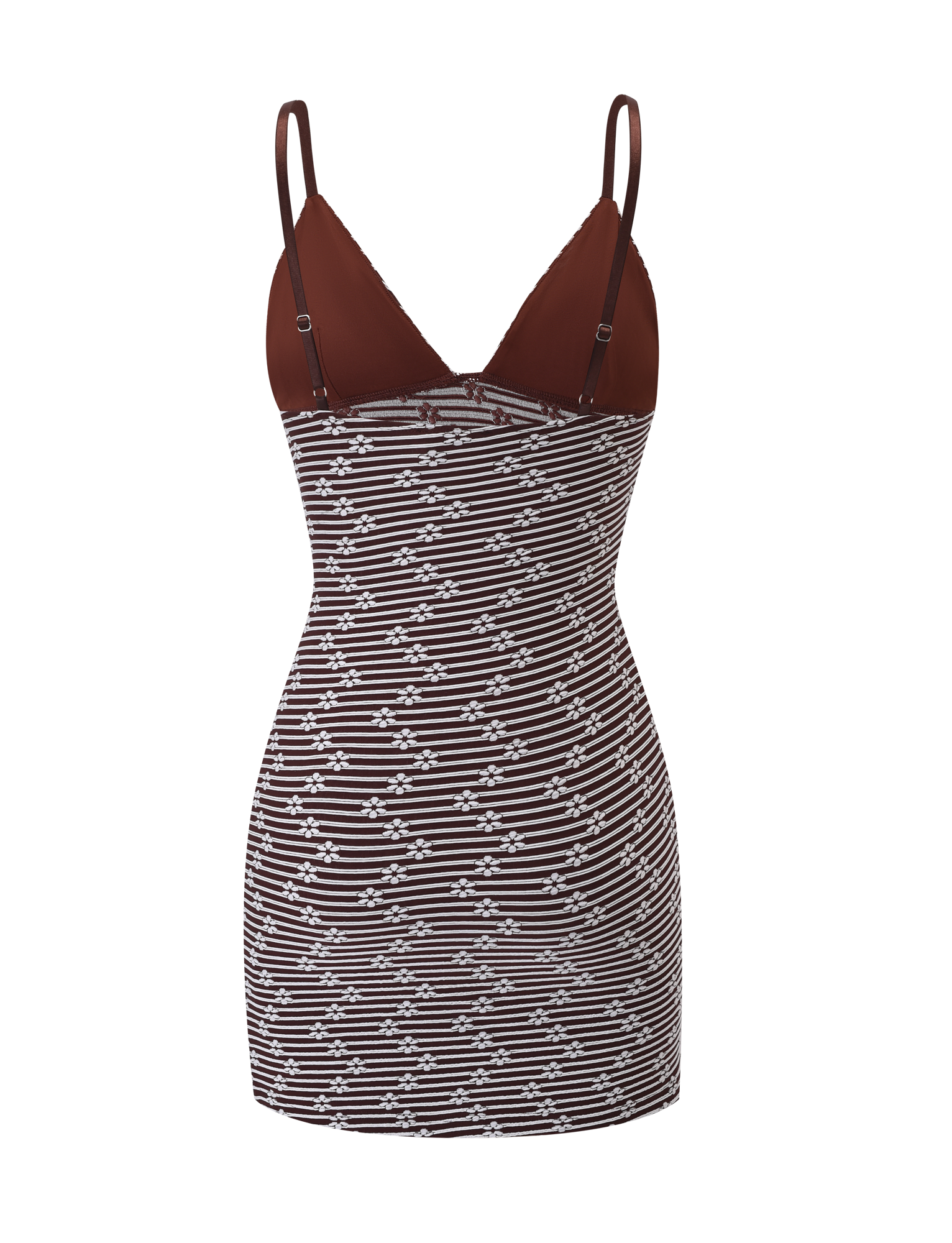 The SAHRA MINI DRESS by TIGERMIST is a sleeveless, body-con piece featuring a deep V-neckline, thin straps, a solid chocolate brown top, and a skirt with chocolate brown and white diagonal stripes.