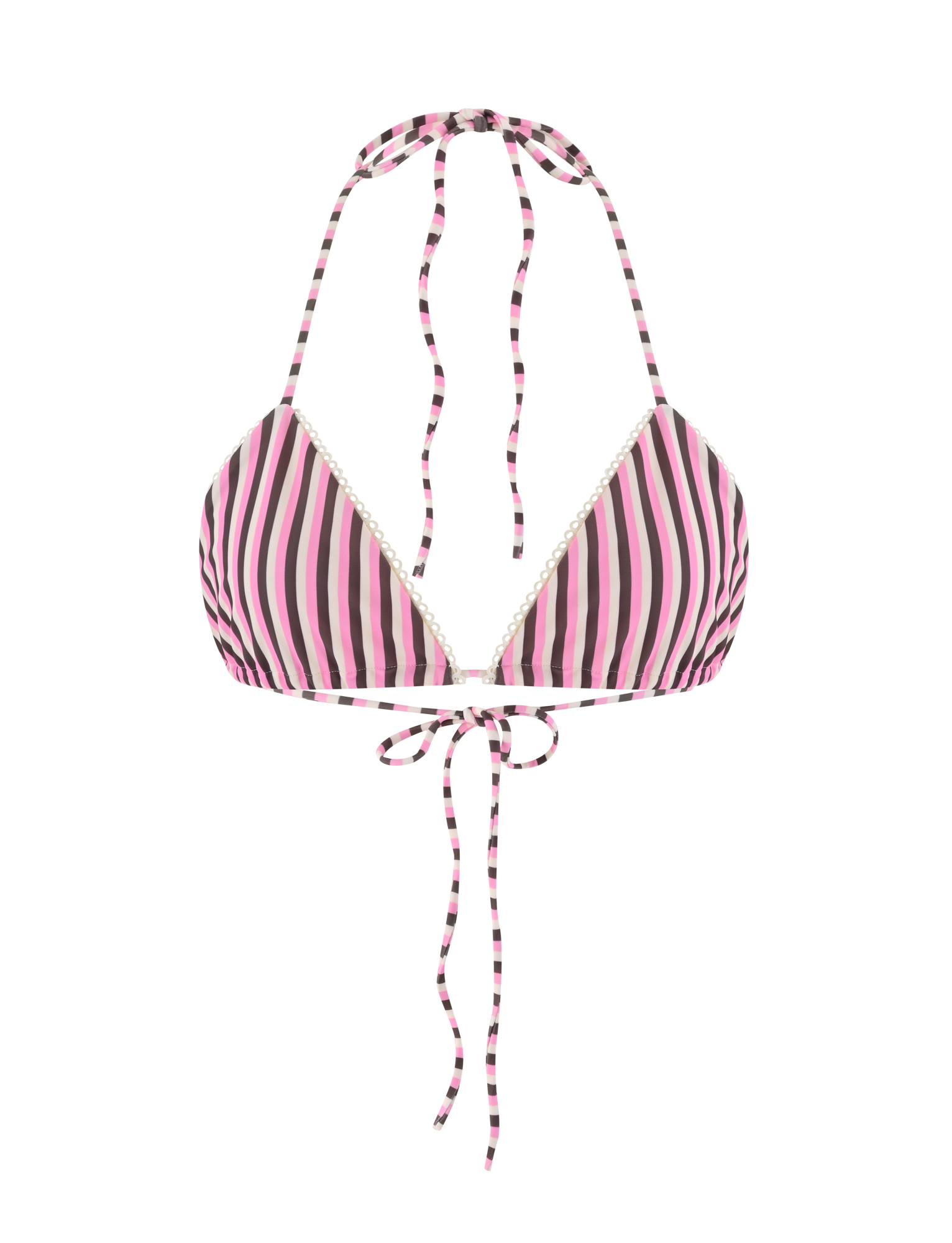 The TIGERMIST DAZZLE BIKINI TOP - STRIPE features high-stretch fabric with pink, black, and white vertical stripes, plus adjustable halter neck and back ties for a custom fit.