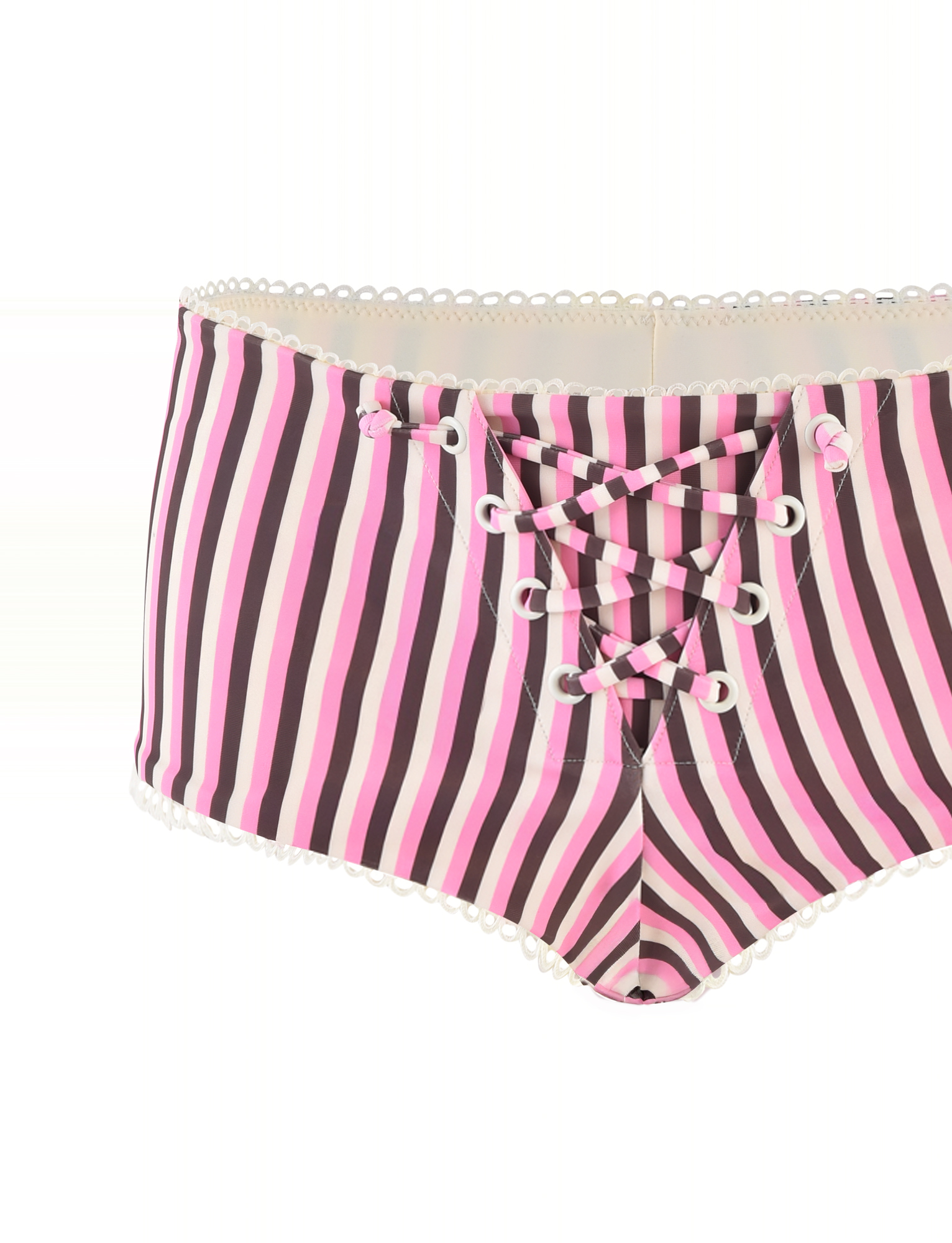 The DAZZLE BIKINI BOTTOM - STRIPE by TIGERMIST features a high-waisted fit with vertical pink and brown stripes, lace-up corset front, and delicate scallop lace along the waistband and leg openings.