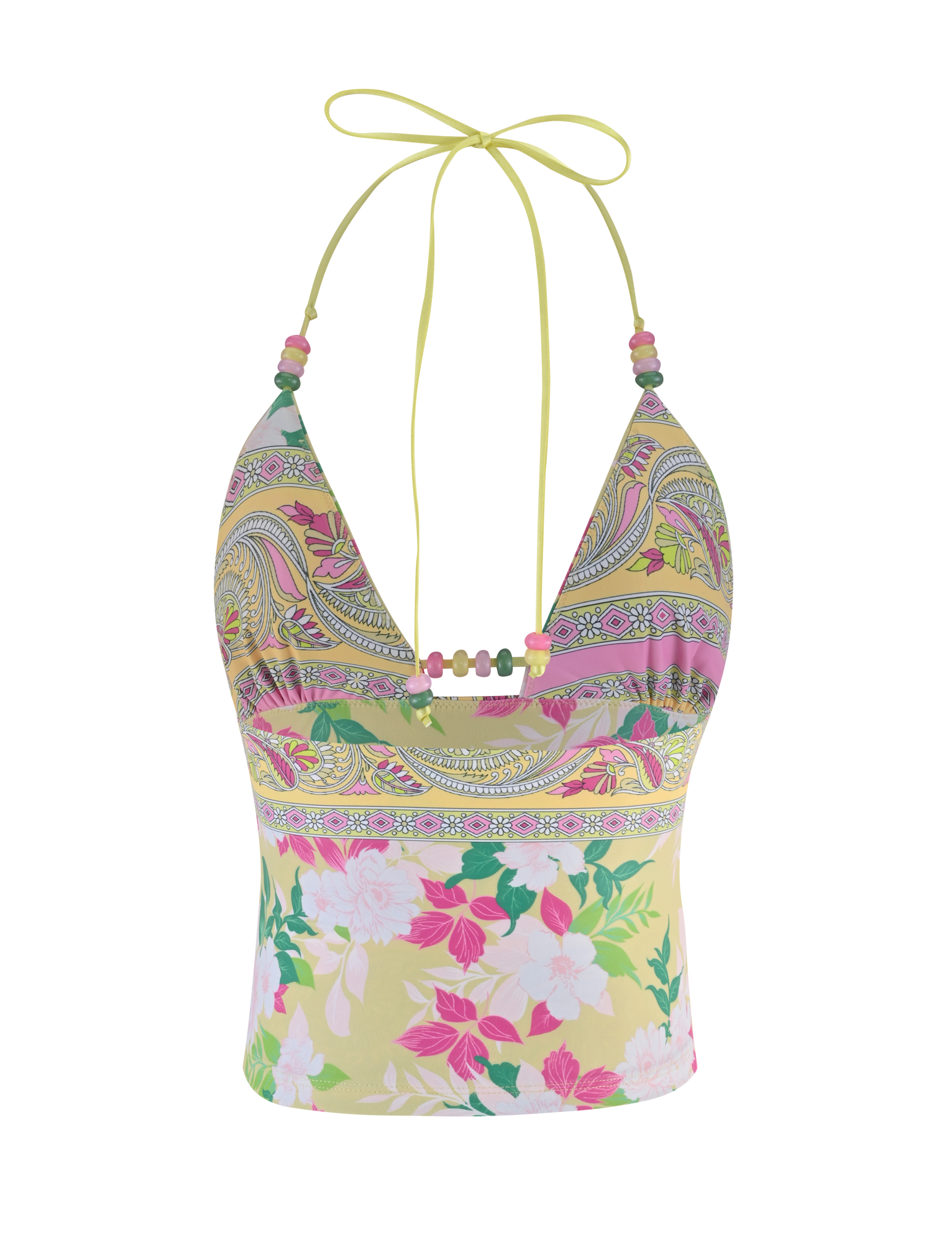 The TIGERMIST FINLEA TANKINI TOP - PAISLEY BORDER is a colorful halter-neck swim top with pink, yellow, green, and white paisley and floral patterns, featuring a plunging neckline and an adjustable neck tie.