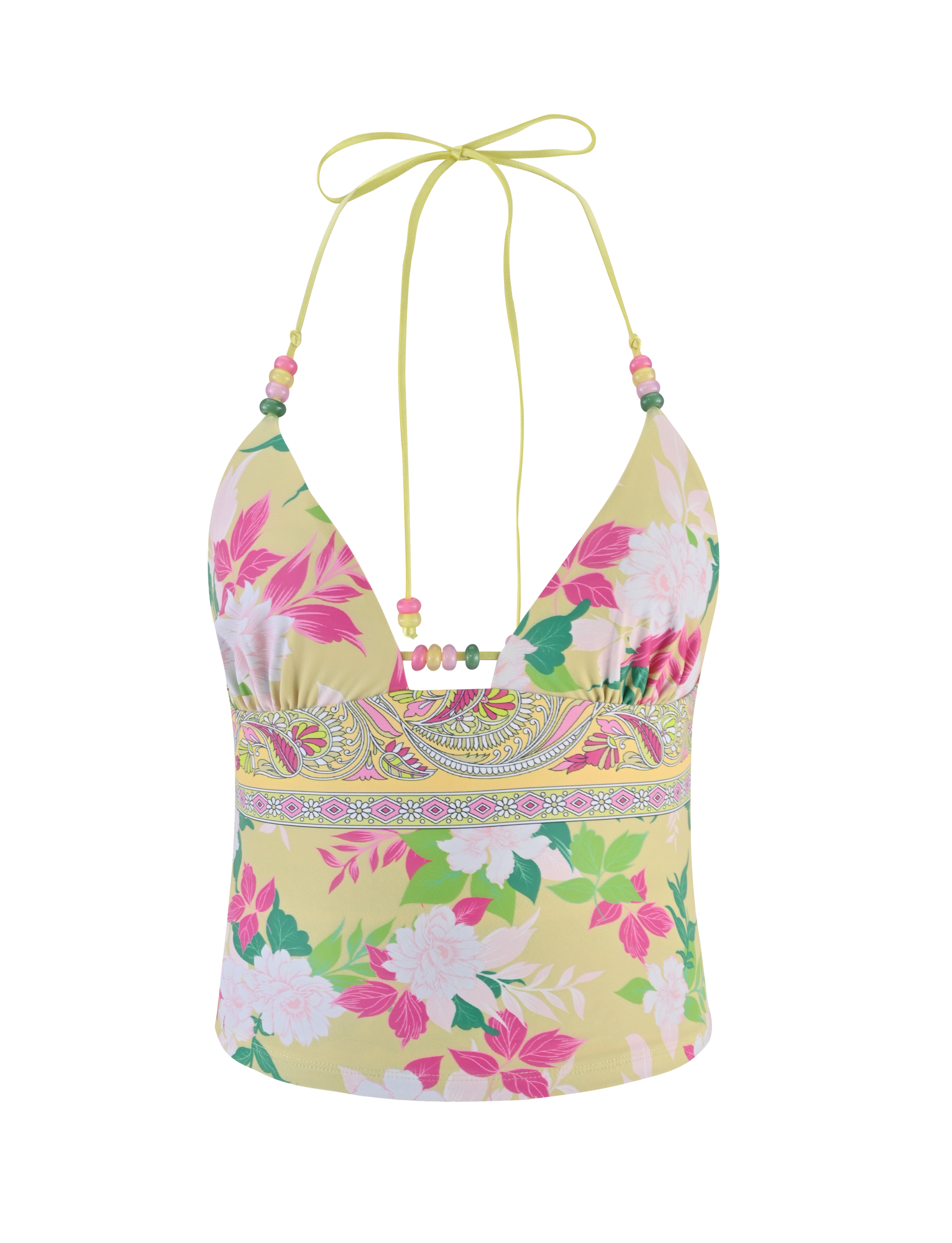 The FINLEA TANKINI TOP - PAISLEY BORDER by TIGERMIST is a yellow halter-neck tankini swim top with pink and white florals, green leaves, and a paisley geometric border under the bust.