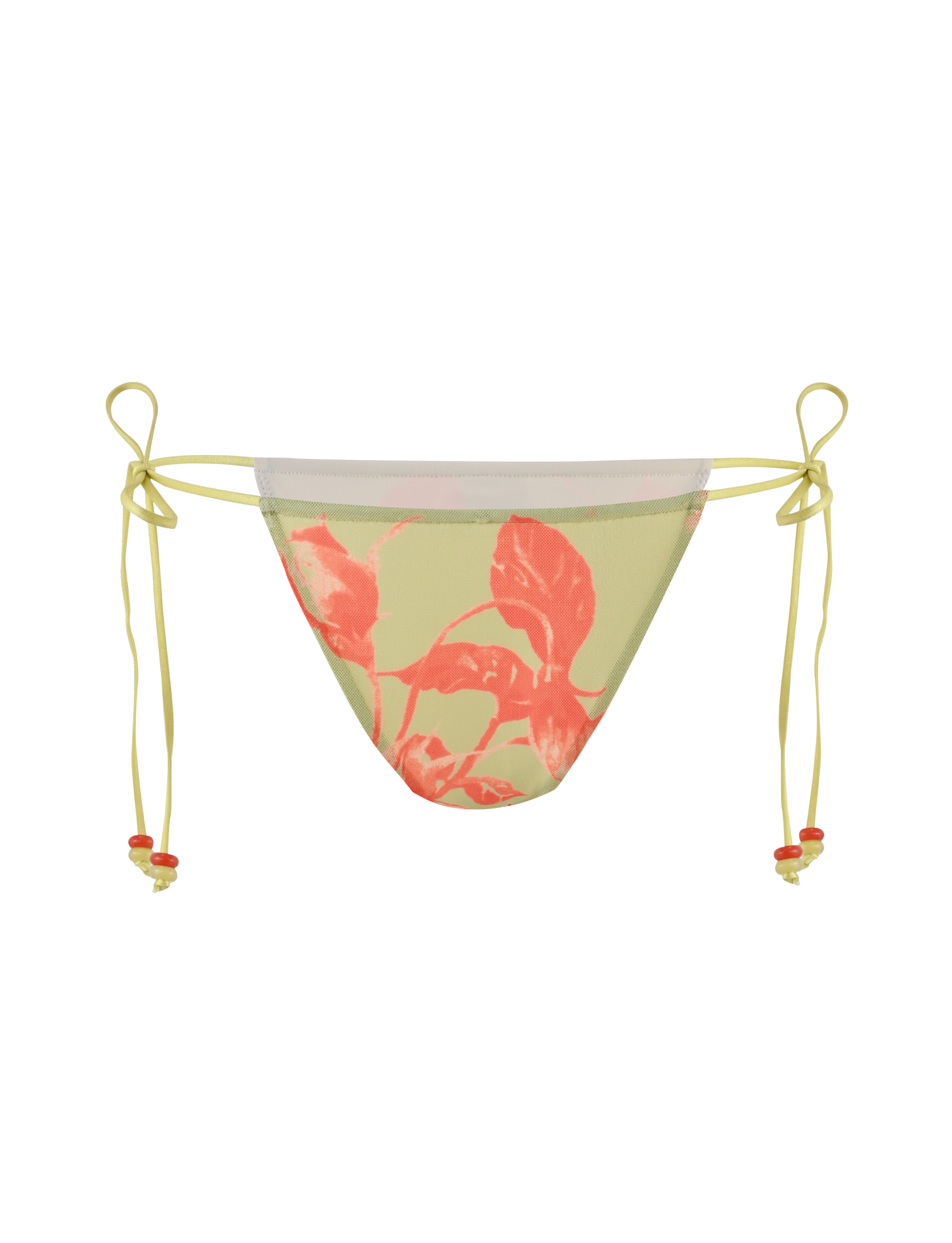 The TIGERMIST AVE 2PC BIKINI BOTTOM - POP FLORAL features yellow side ties with red beads and a striking red floral print on a light yellow base—ideal to pair with your favorite sarong set.