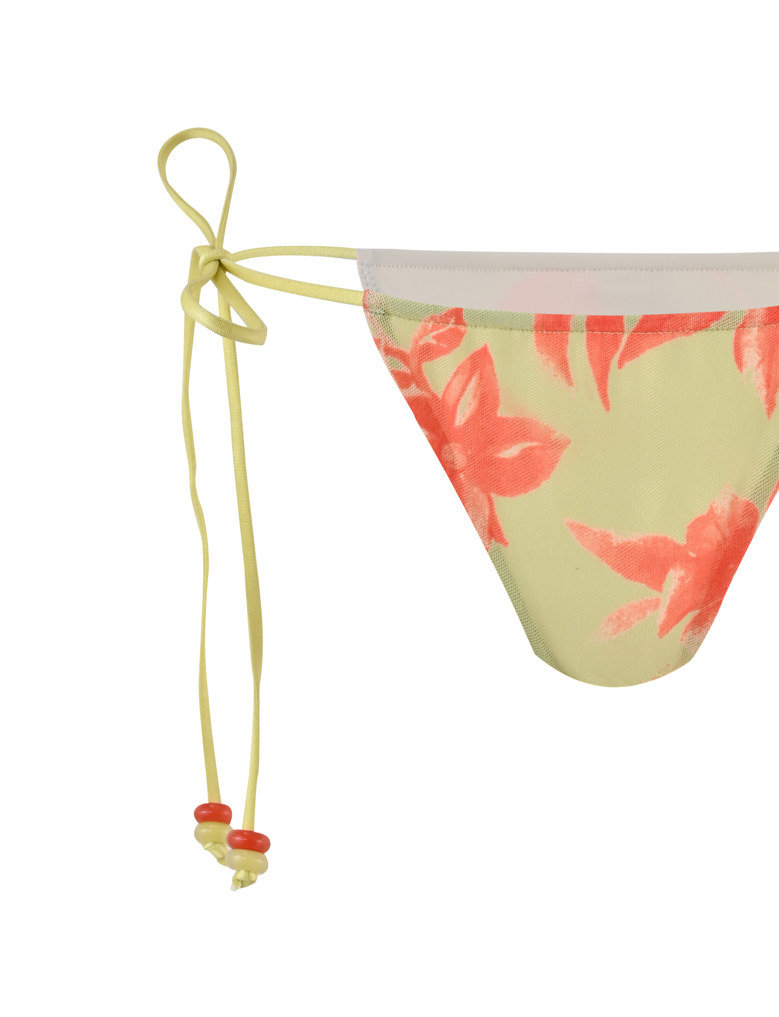 A close-up of the TIGERMIST AVE 2PC BIKINI BOTTOM - POP FLORAL shows pink flowers and side ties with small red beads, making it perfect to pair with a matching sarong set.