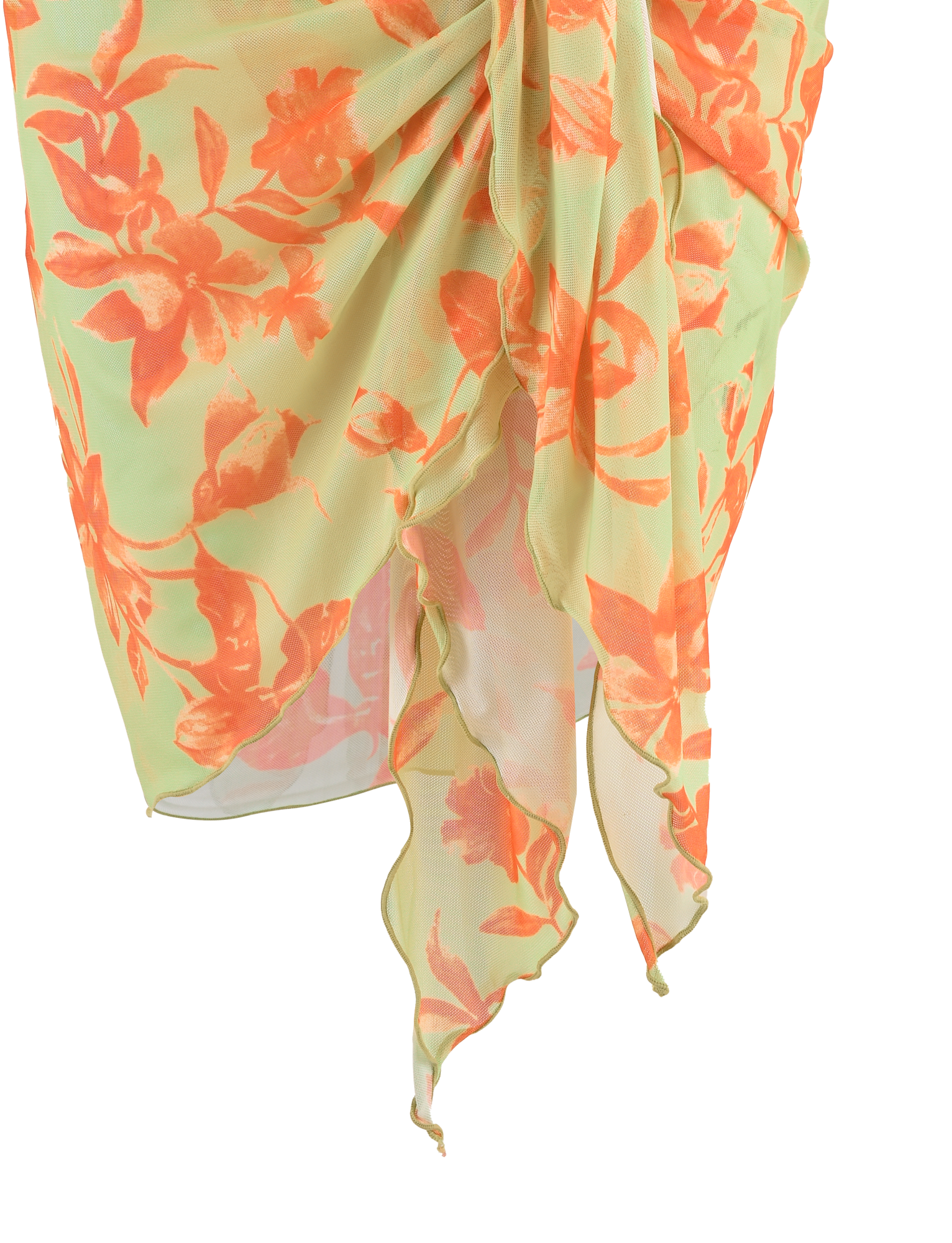 The TIGERMIST AVE 2PC BIKINI BOTTOM - POP FLORAL features a sheer, light green design with an orange floral print, front tie, and layered asymmetrical edges—ideal for pairing with your favorite swimwear.