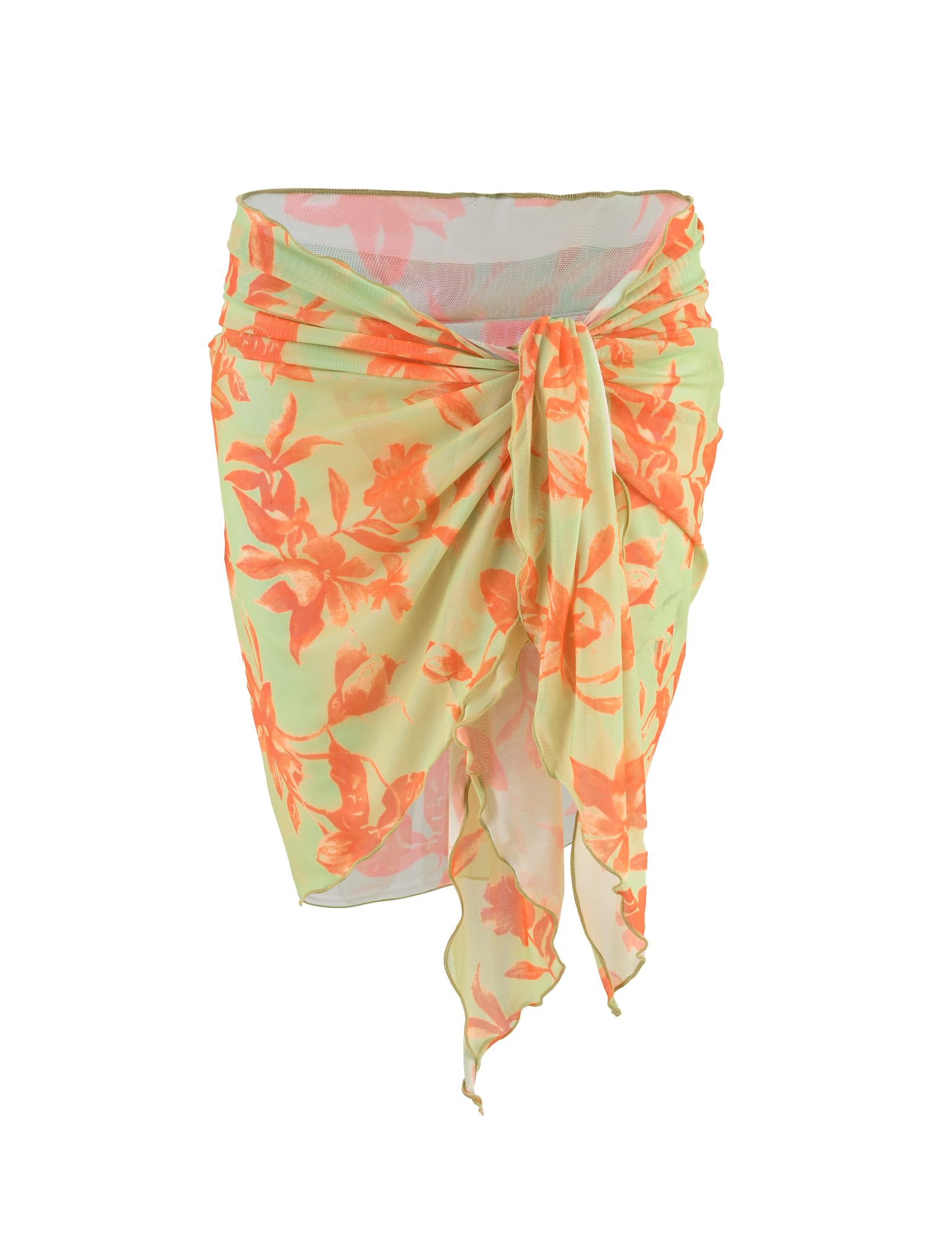 The TIGERMIST AVE 2PC BIKINI BOTTOM - POP FLORAL is a sheer, light yellow piece with a vibrant floral print, tied at the front and finished with an asymmetrical, flowing hem for a breezy beach look.