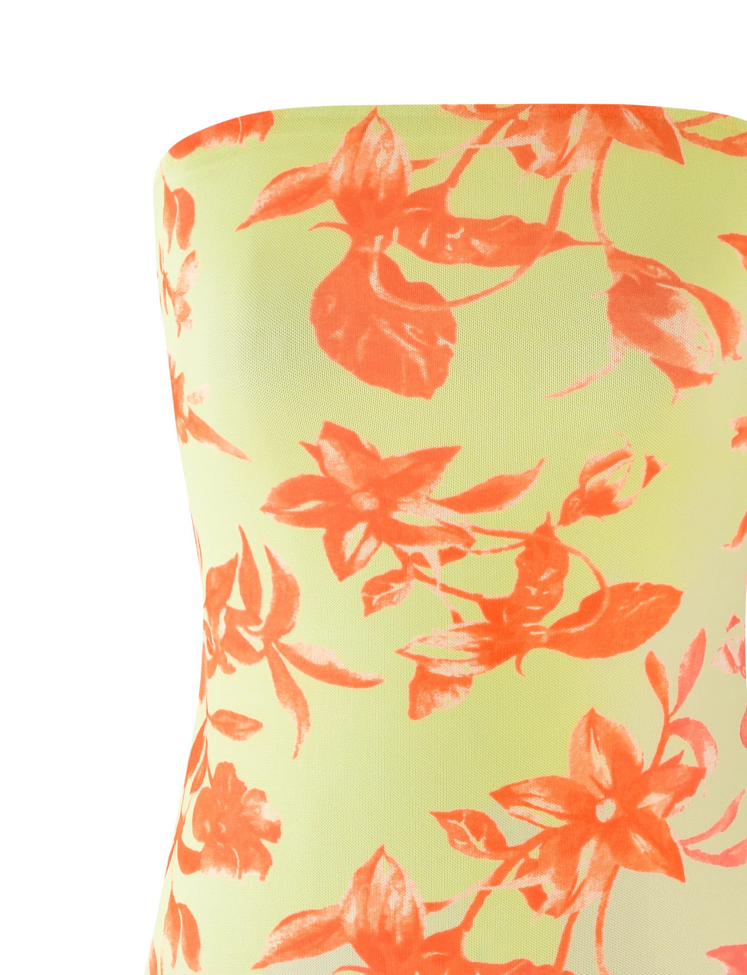 The ZALINA MINI DRESS - POP FLORAL by TIGERMIST features a mesh bandeau design with bold orange stylized flowers and leaves on a light yellow-green background.