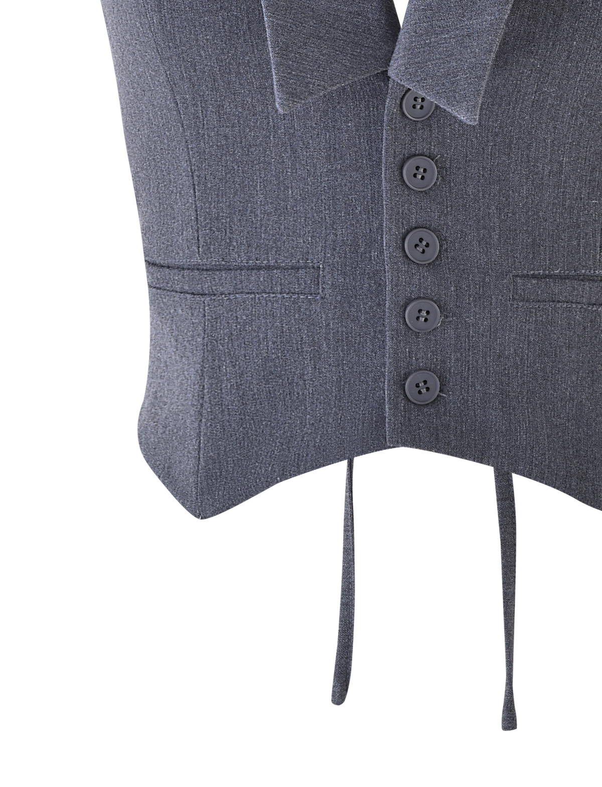 A close-up of the TIGERMIST FEDRA VEST - GREY, showcasing its tailored fit, two front pockets, pointed hem, hanging laces, and a glimpse of a matching tie at the top.