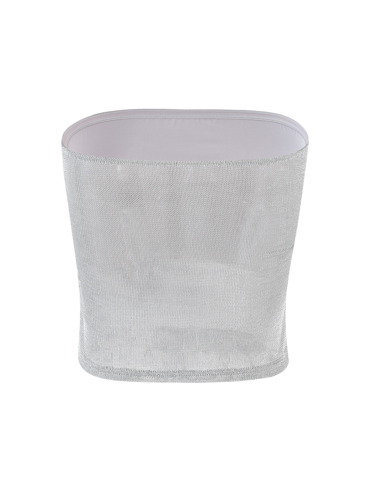 The TIGERMIST HARRIETT TUBE TOP in silver features a fitted, strapless design in metallic mesh with a straight neckline, adding shimmer and style to any outfit. Shown against a white background.