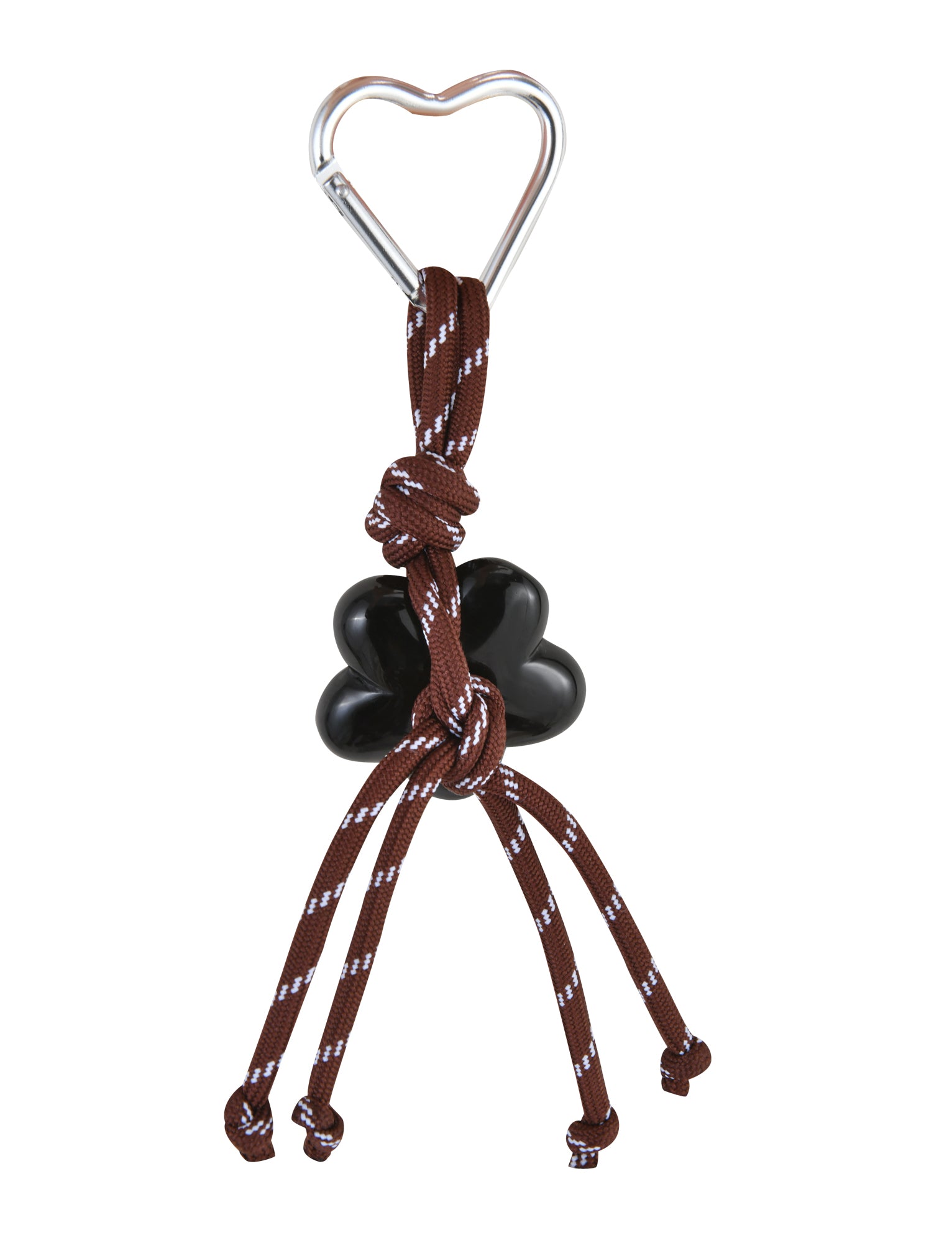 Introducing the TIGERMIST MIRIAM KEYCHAIN - CHOCOLATE: a heart-shaped carabiner with a metal clasp linked to a brown knotted rope with reflective details, featuring a black clover charm threaded through it, and four dangling rope ends.