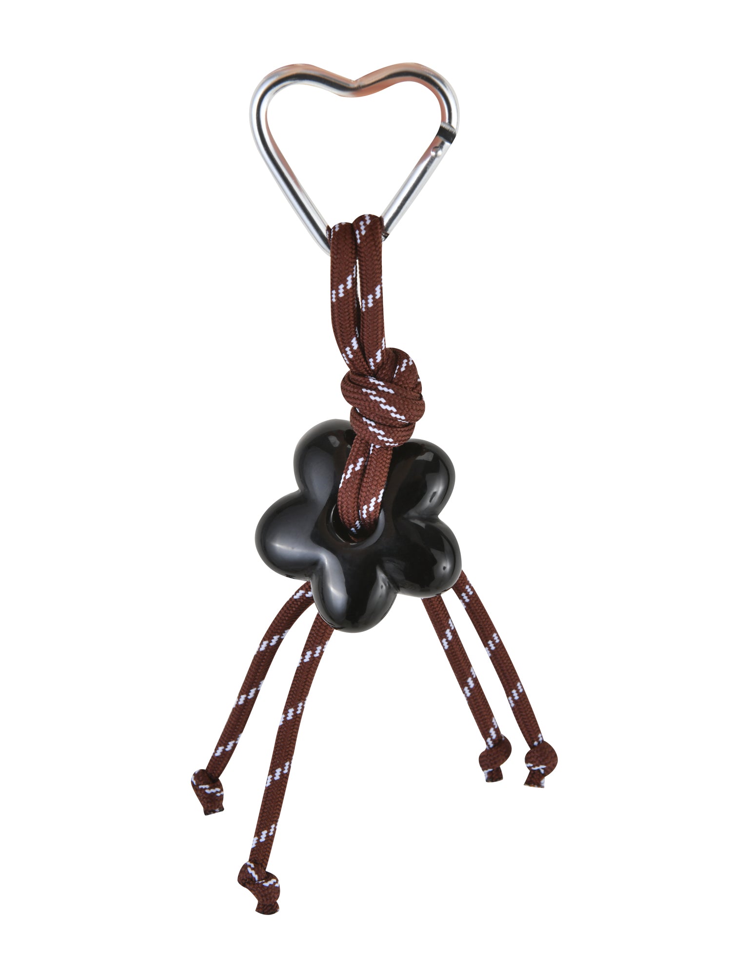The TIGERMIST MIRIAM KEYCHAIN - CHOCOLATE features a heart-shaped metal clip attached to a brown rope with a black flower charm, its four ends whimsically tied off for an elegant touch.
