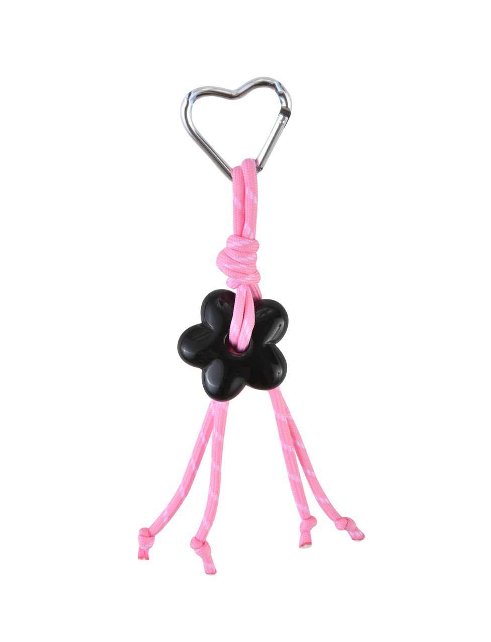 The MIRIAM KEYCHAIN - HOT PINK by TIGERMIST features a heart-shaped clasp carabiner, pink cords knotted around a black flower-shaped charm, and four loose cord ends, all set against a white background.