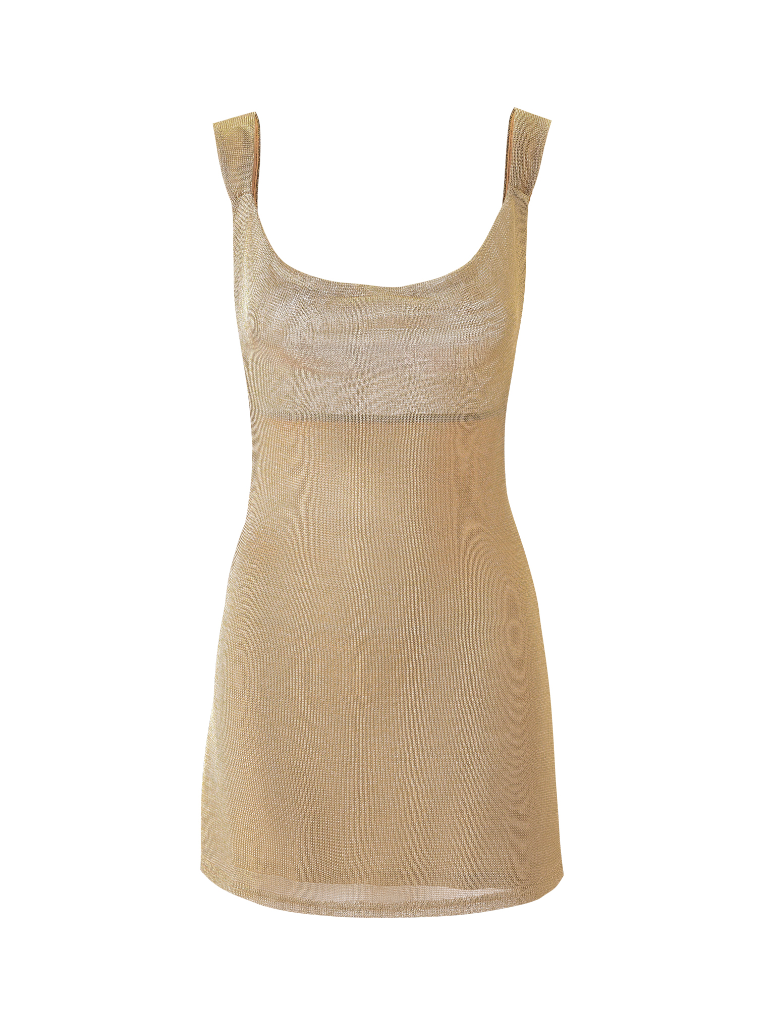 The TIGERMIST ZITA MINI DRESS - GOLD is a sleeveless, fitted metallic mini dress with wide straps and a scoop neckline, shown on a white background.