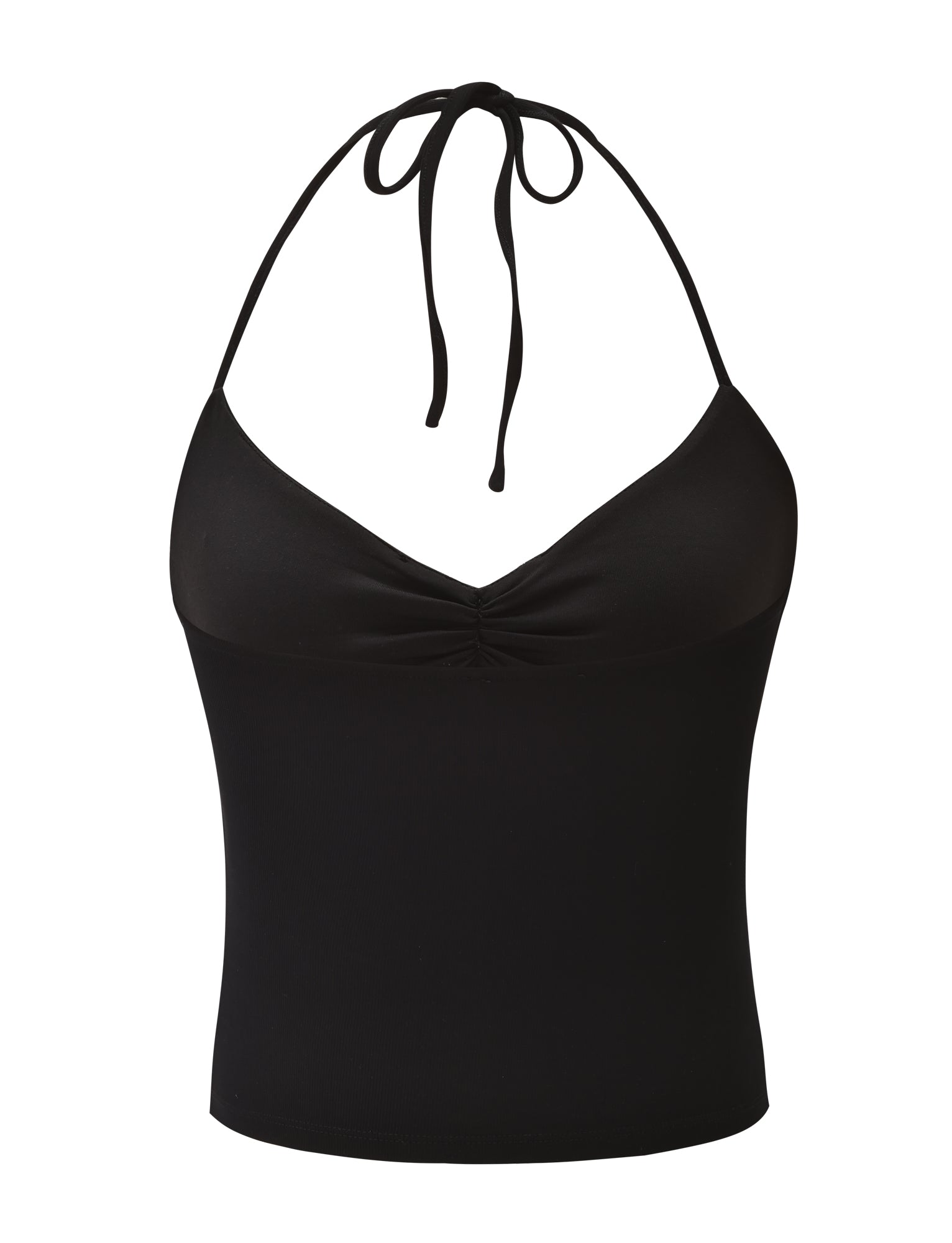 The CELESTINE TOP - BLACK by TIGERMIST is a fitted halter top with a V-neckline, center-front gathers, thin tie straps, and an embroidered butterfly accent.