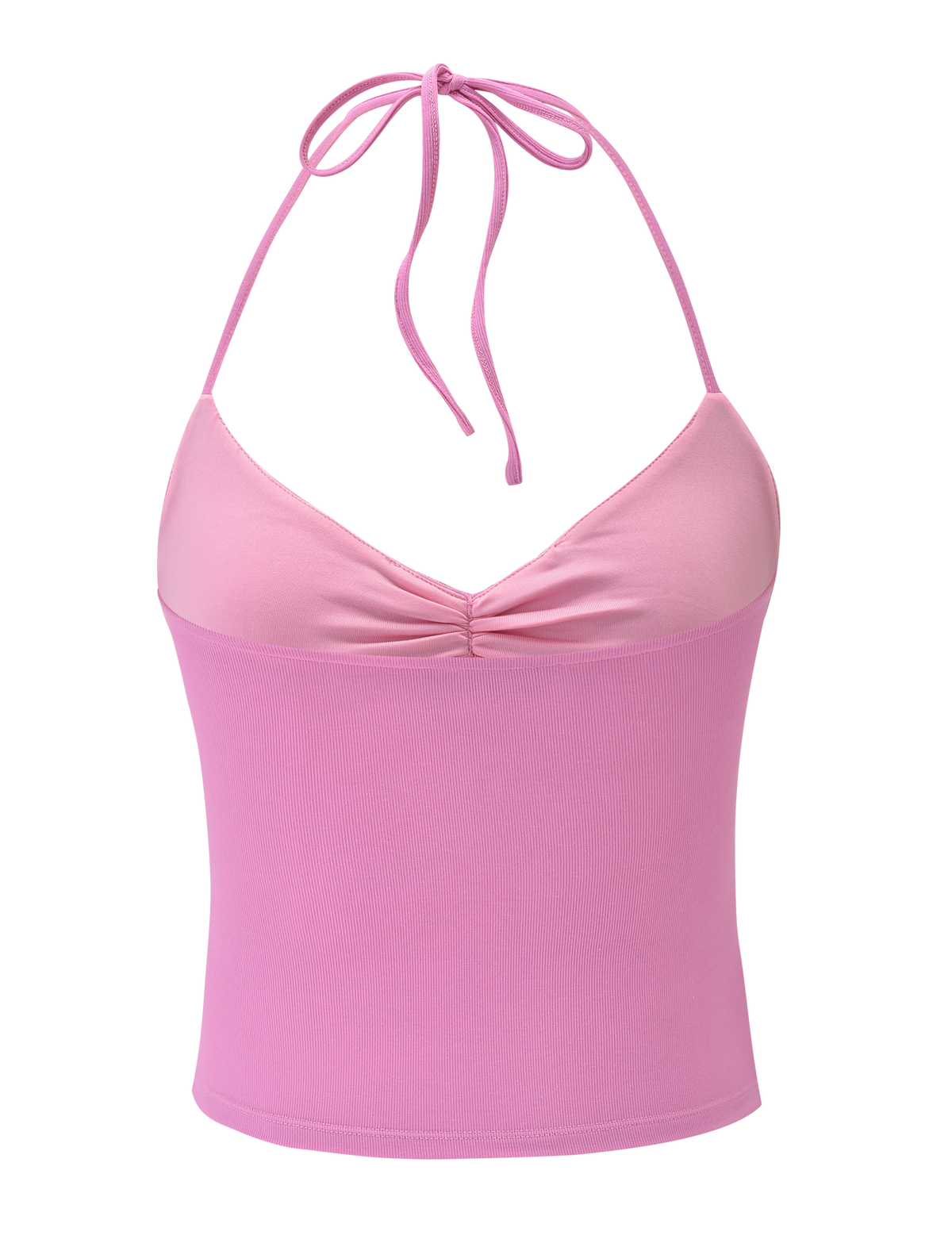 The CELESTINE TOP - PINK by TIGERMIST features a light pink ribbed fabric, halter neckline with tie straps, and a ruched bust, shown against a plain pink background.