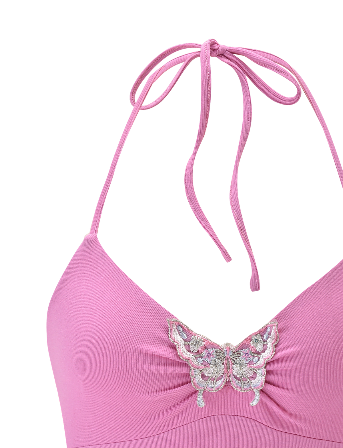 The TIGERMIST CELESTINE TOP - PINK is a ribbed halter top with thin neck ties and a silver and white embroidered butterfly on the chest.