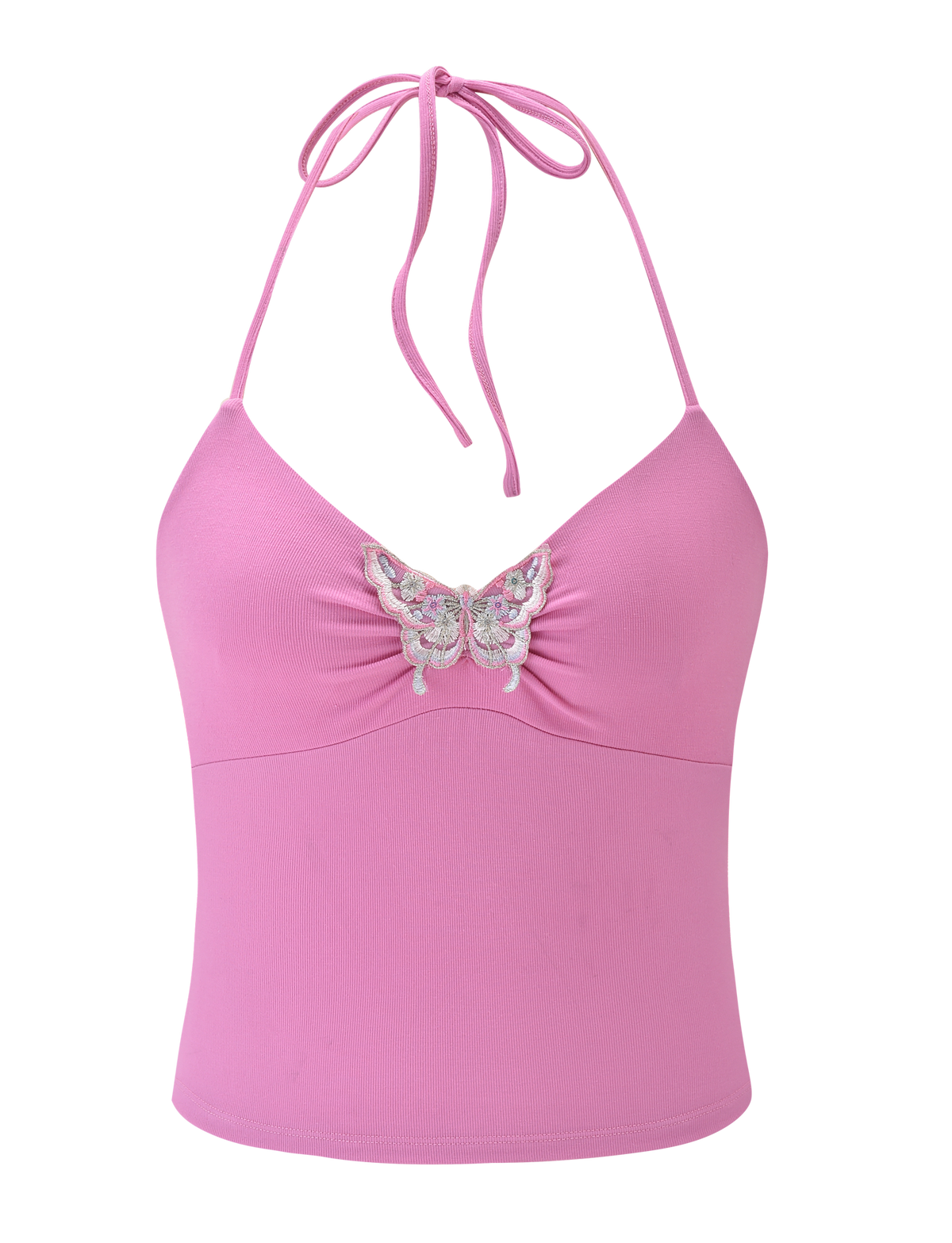 The TIGERMIST CELESTINE TOP - PINK is a light pink ribbed halter top with a v-neckline and an embroidered butterfly design at the center chest.