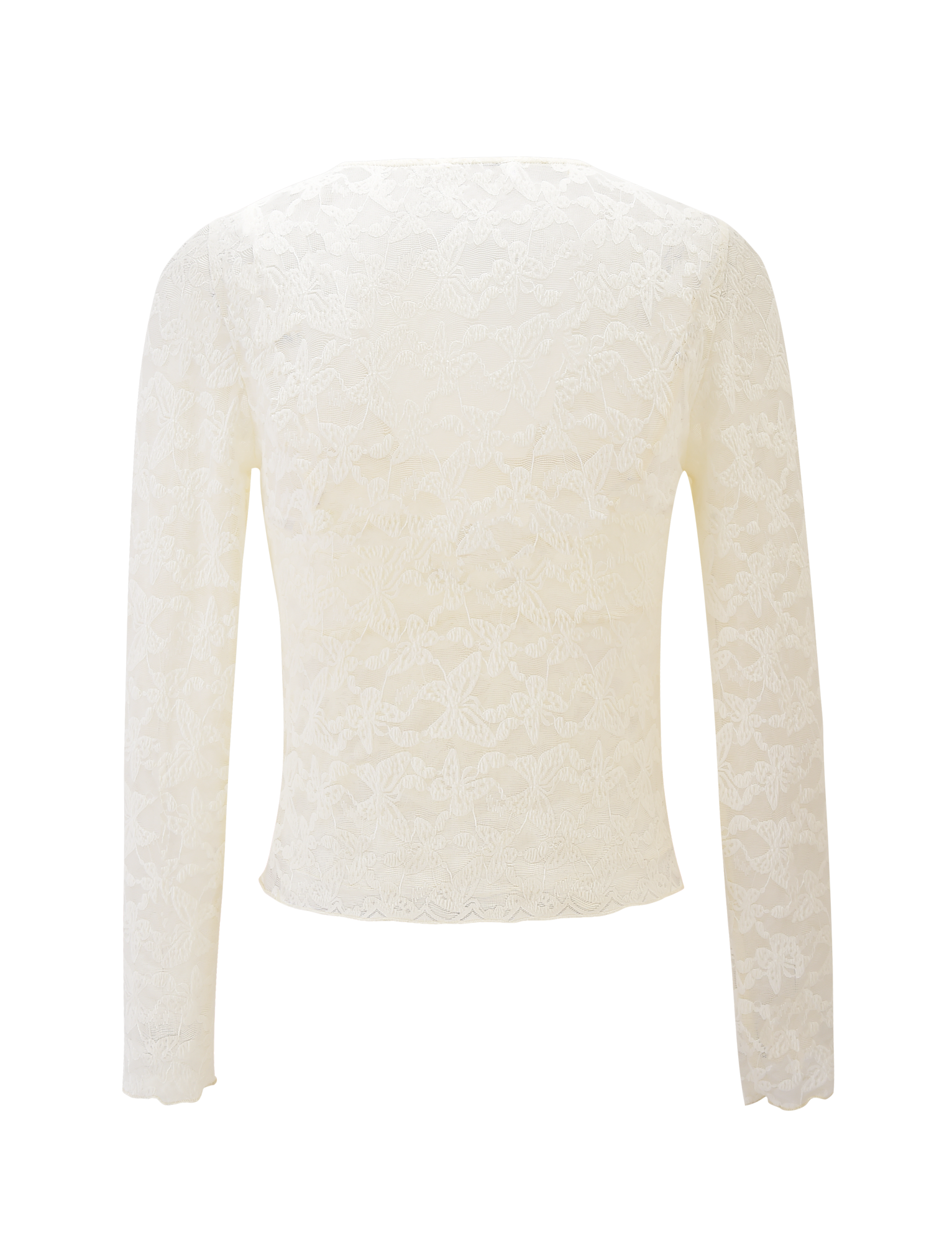 The GIULIA 2PC TOP by TIGERMIST features ivory lace with a floral pattern, fitted long sleeves, adjustable straps, and is shown from the back against a plain background.