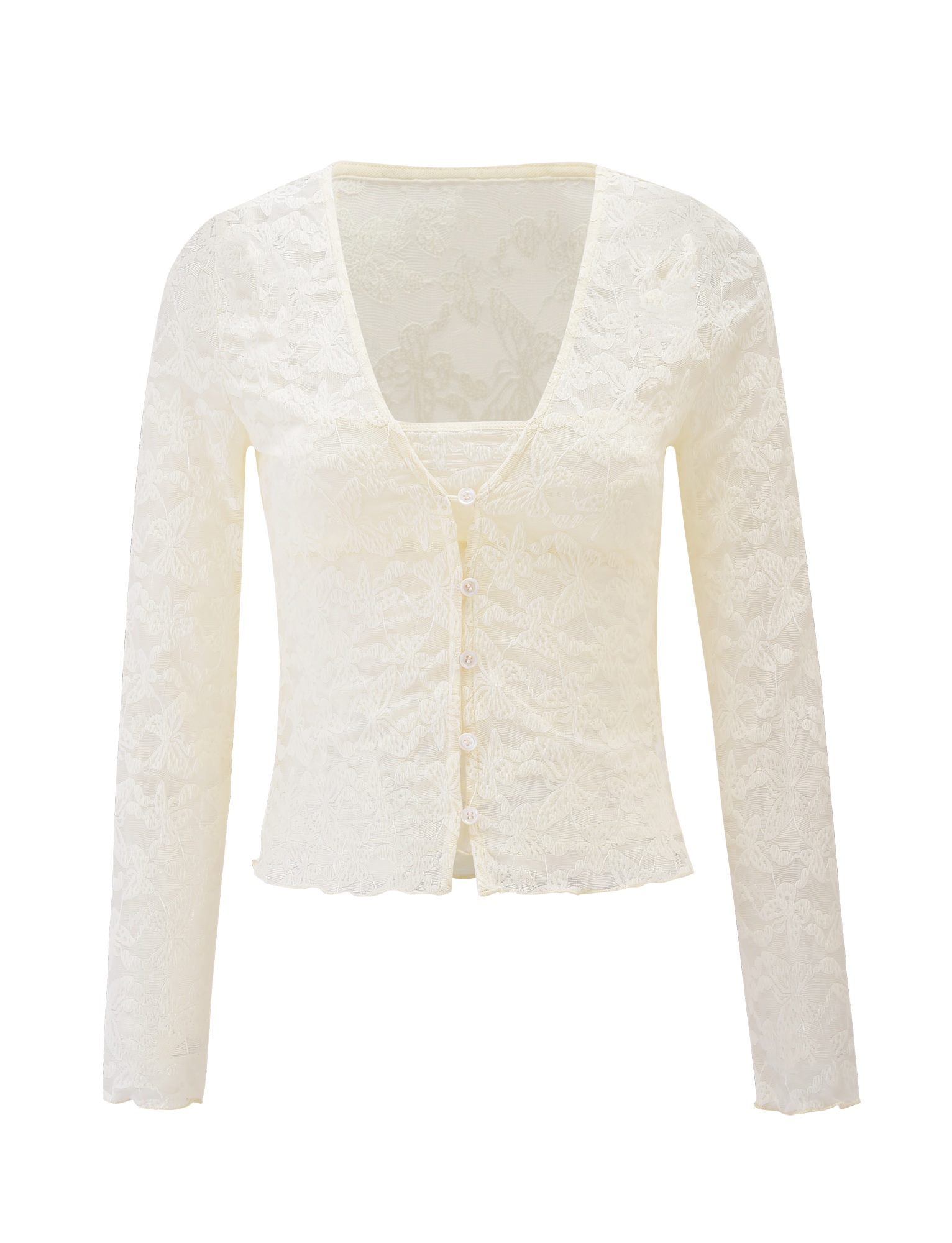 The TIGERMIST GIULIA 2PC TOP - IVORY LACE is a long-sleeve, V-neck lace cardigan with front buttons and a delicate floral pattern—an elegant, versatile layering piece.