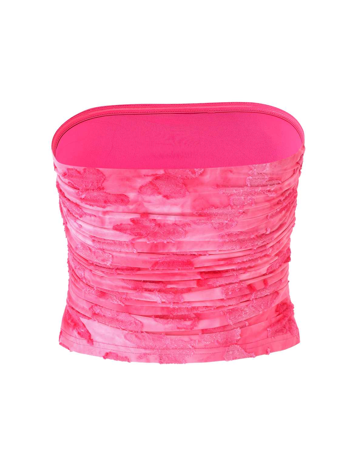 The PATRIZIA TOP - PINK BUTTERFLY by TIGERMIST is a pink, watercolor-patterned, ruched boob tube with a strapless bandeau design, shown isolated on a white background.