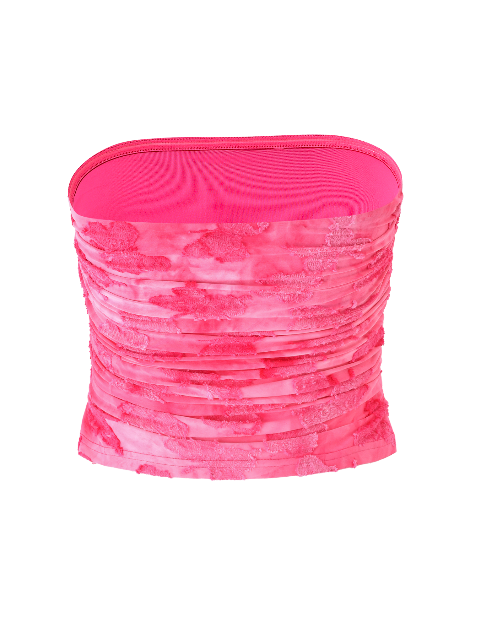 The PATRIZIA TOP - PINK BUTTERFLY by TIGERMIST is a pink, watercolor-patterned, ruched boob tube with a strapless bandeau design, shown isolated on a white background.