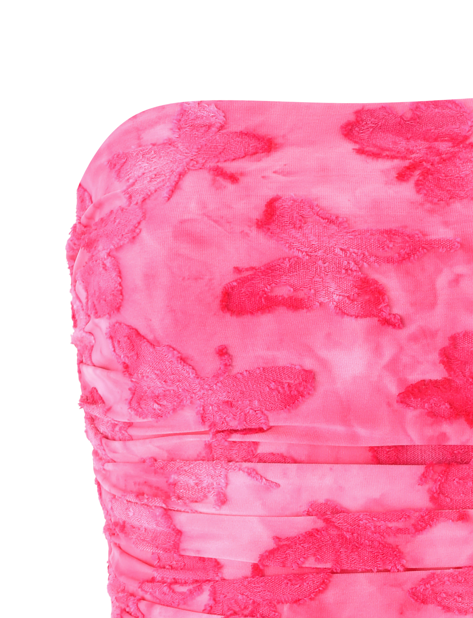 Close-up of the TIGERMIST PATRIZIA TOP - PINK BUTTERFLY, a pink strapless bandeau featuring ruched, stretchy fabric and textured butterfly patterns in a darker pink shade.