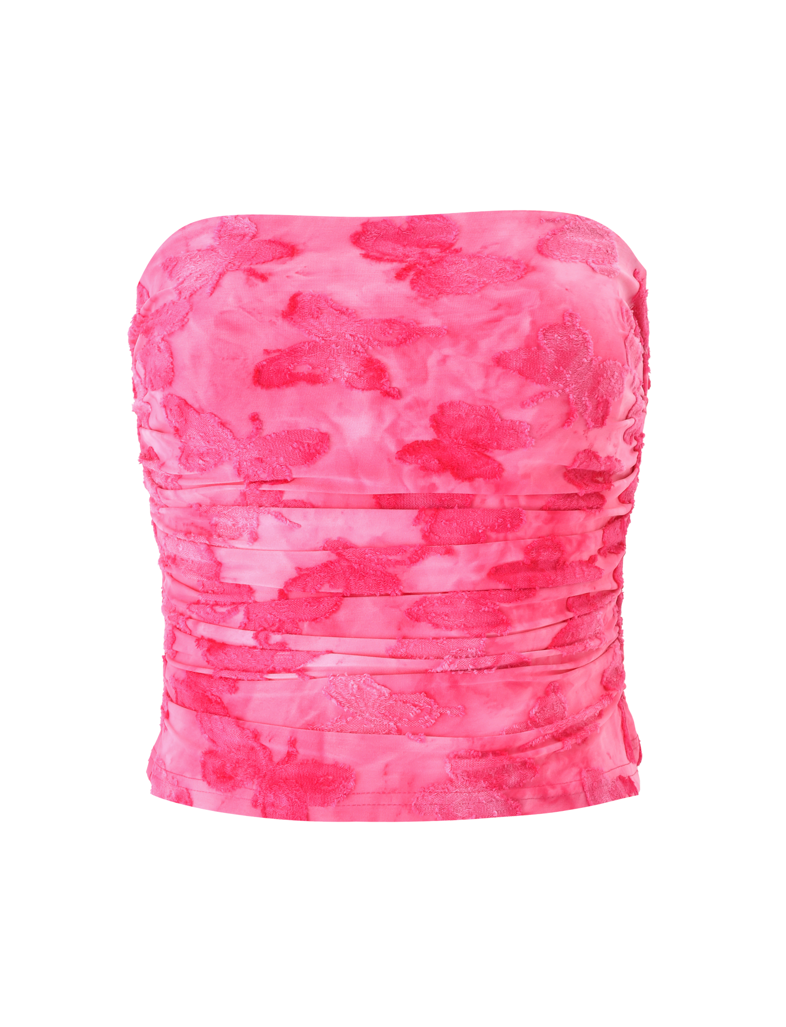 The PATRIZIA TOP - PINK BUTTERFLY by TIGERMIST is a pink strapless bandeau with a floral butterfly pattern, ruched detailing, and a fitted silhouette, shown against a white background.