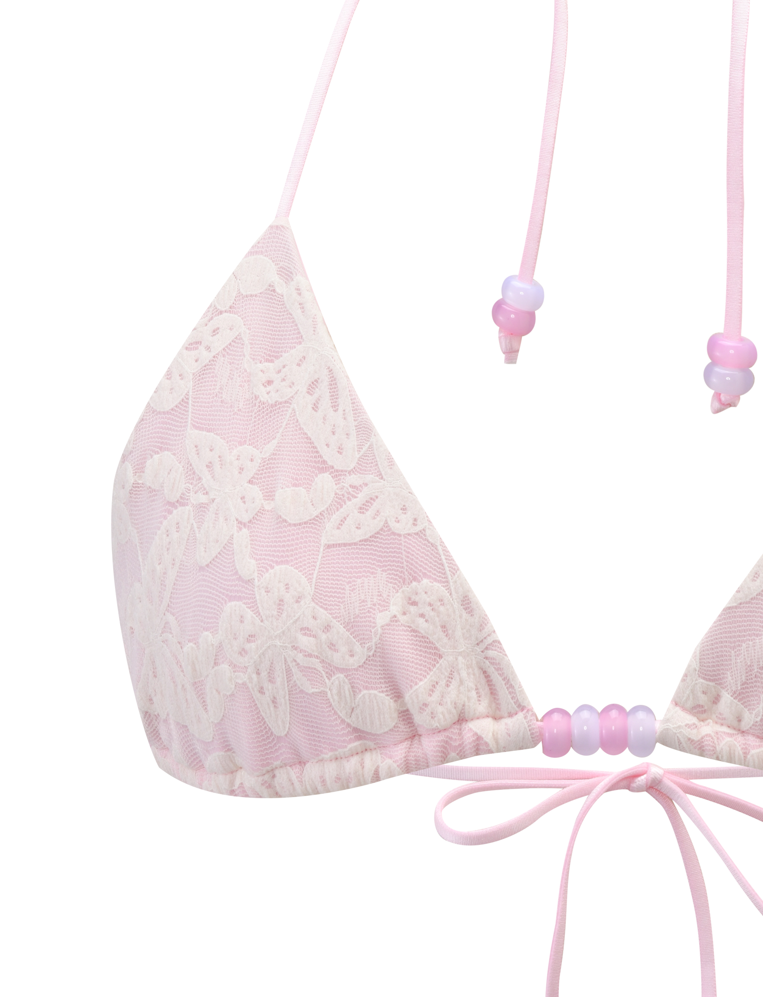 The BRIGITTE BIKINI TOP by TIGERMIST features an ivory lace overlay, beaded straps, an adjustable halter neck tie, and a small center bow for a delicate look.