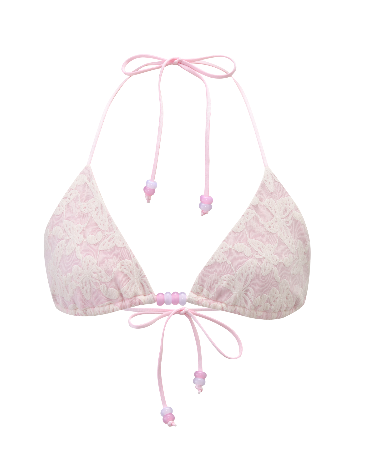 The BRIGITTE BIKINI TOP by TIGERMIST features ivory lace with butterfly patterns, an adjustable halter neck, wide satin ribbon back ties, and pink bead accents.