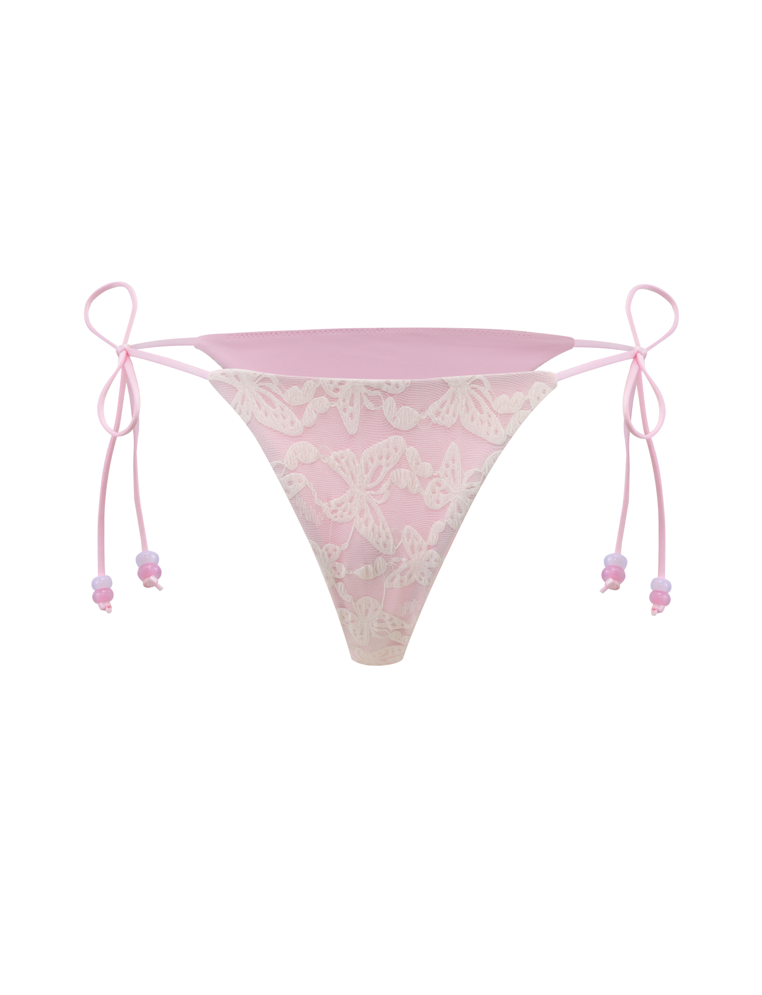 The BRIGITTE BIKINI BOTTOM by TIGERMIST features ivory lace with butterfly patterns and ribbon ties on both sides, showcased against a matching pink background.