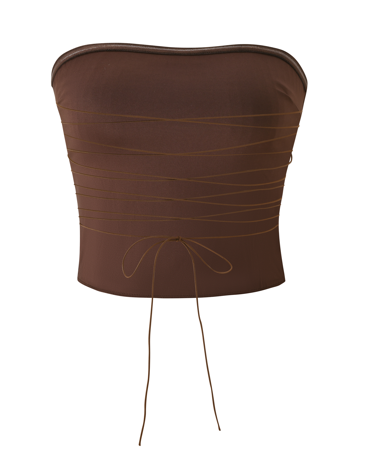 The TIGERMIST GWENDOLINE TOP - CHOCOLATE is a brown strapless top with a textured stripe design, thin crisscrossing wraparound strings tied in a bow at the front, an open back, and is shown against a plain white background.