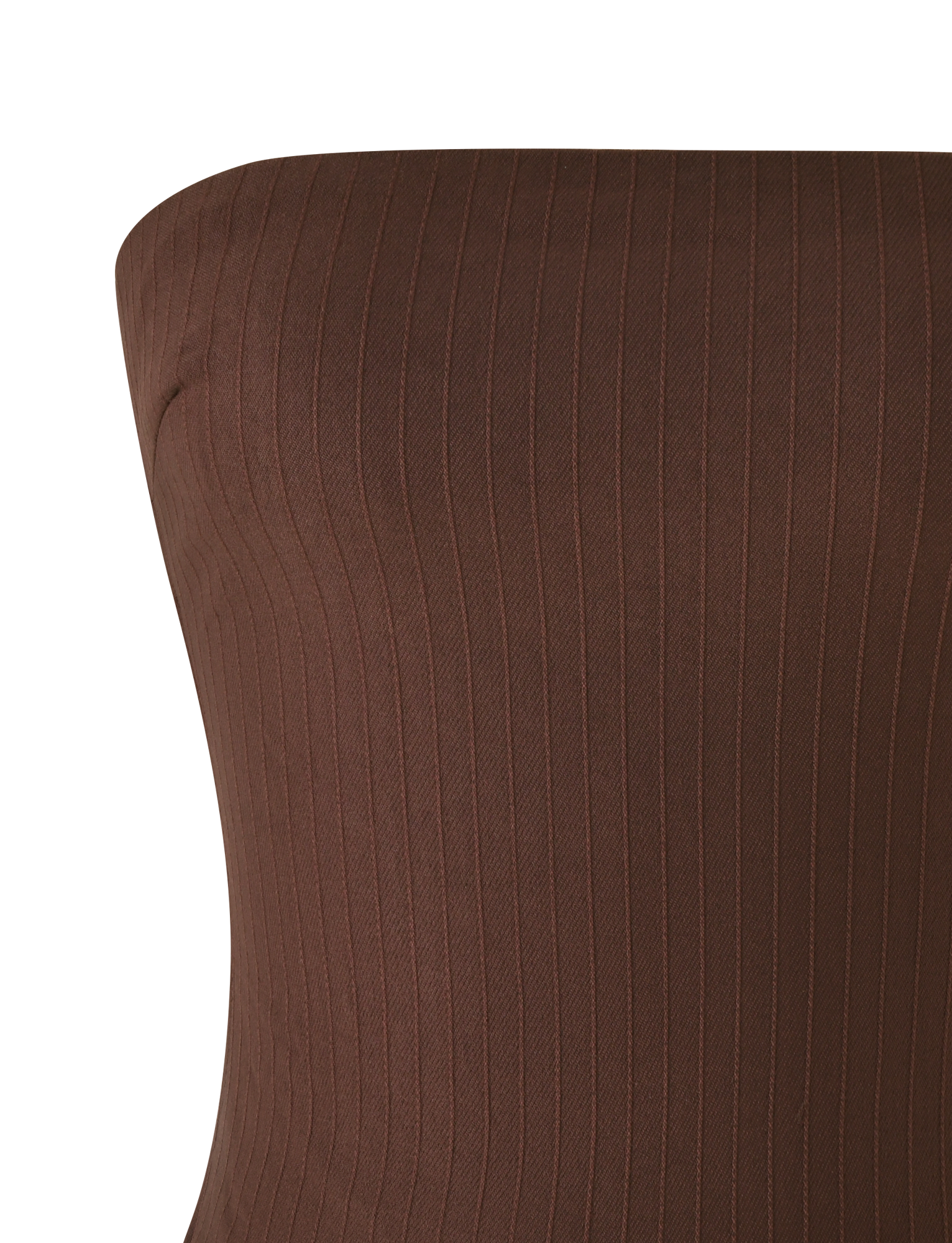 Close-up of TIGERMIST's GWENDOLINE TOP - CHOCOLATE, a brown strapless ribbed-knit top with an open back. Its textured stripe pattern and vertical lines stand out against a plain white background.
