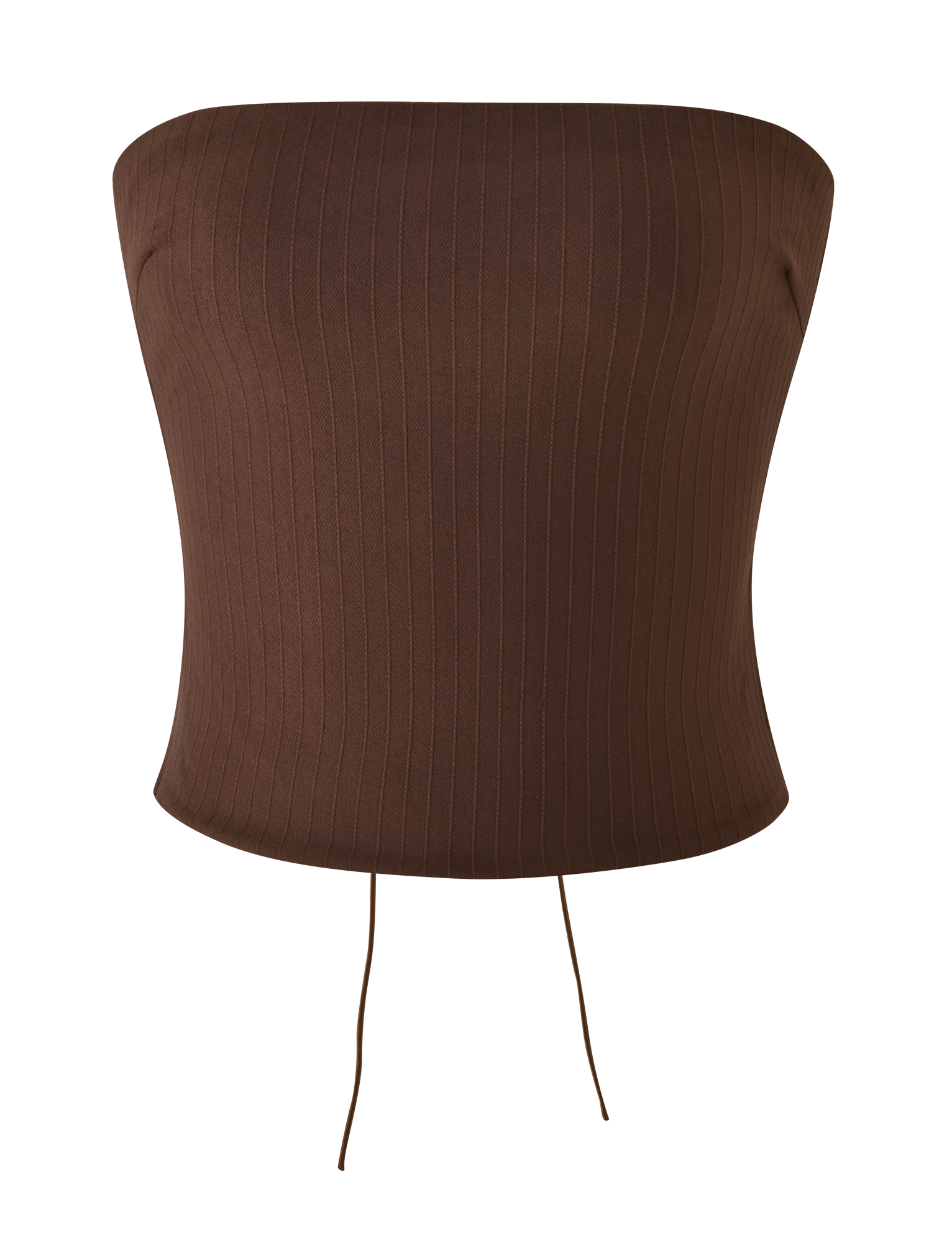 The TIGERMIST GWENDOLINE TOP - CHOCOLATE is a strapless, fitted brown top with a ribbed stripe texture and two thin strings at the hem, shown on a plain white background.
