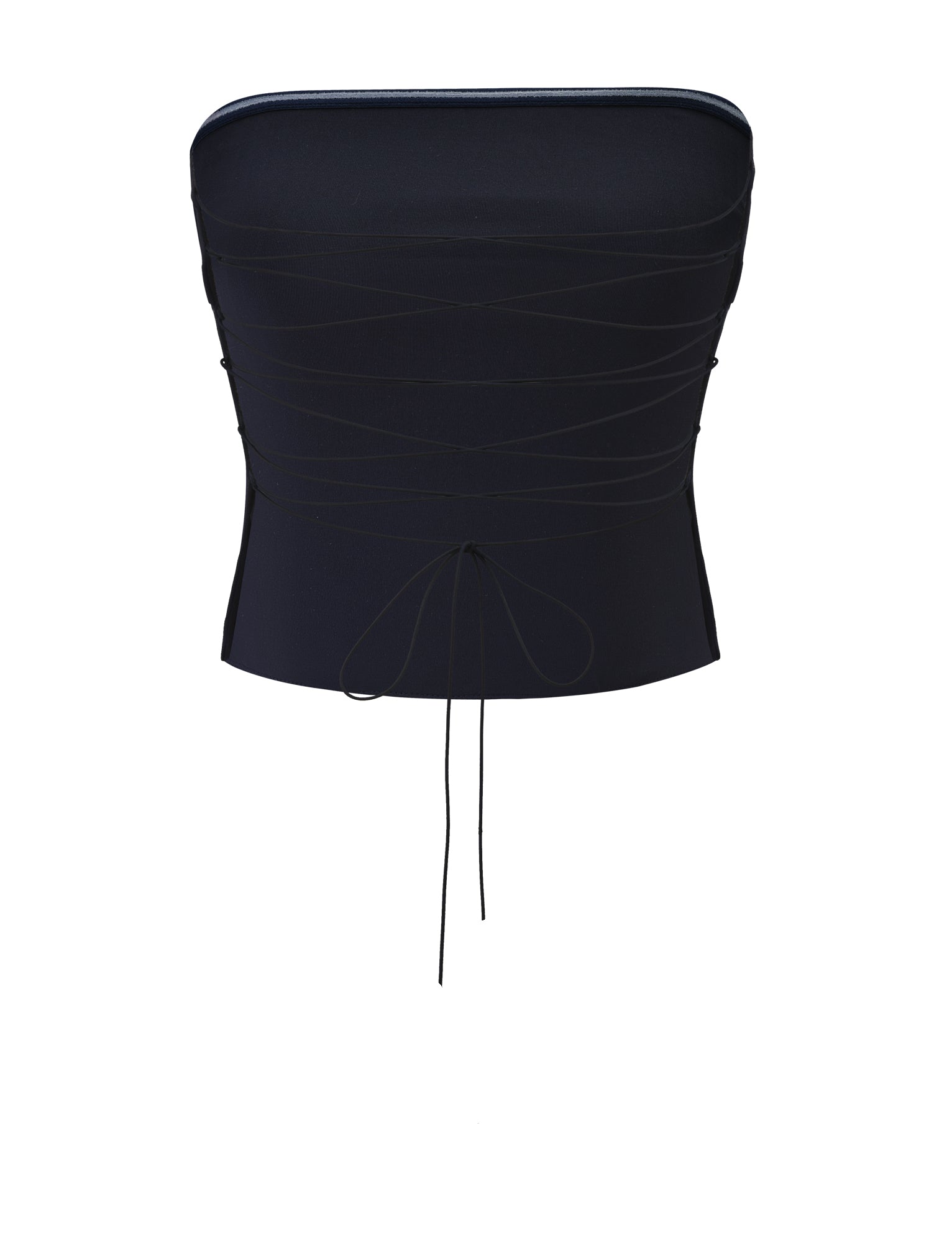 The TIGERMIST GWENDOLINE TOP - NAVY is a strapless, fitted top in textured stripe fabric, featuring thin crisscross lace details and a lace-up back for added dimension.