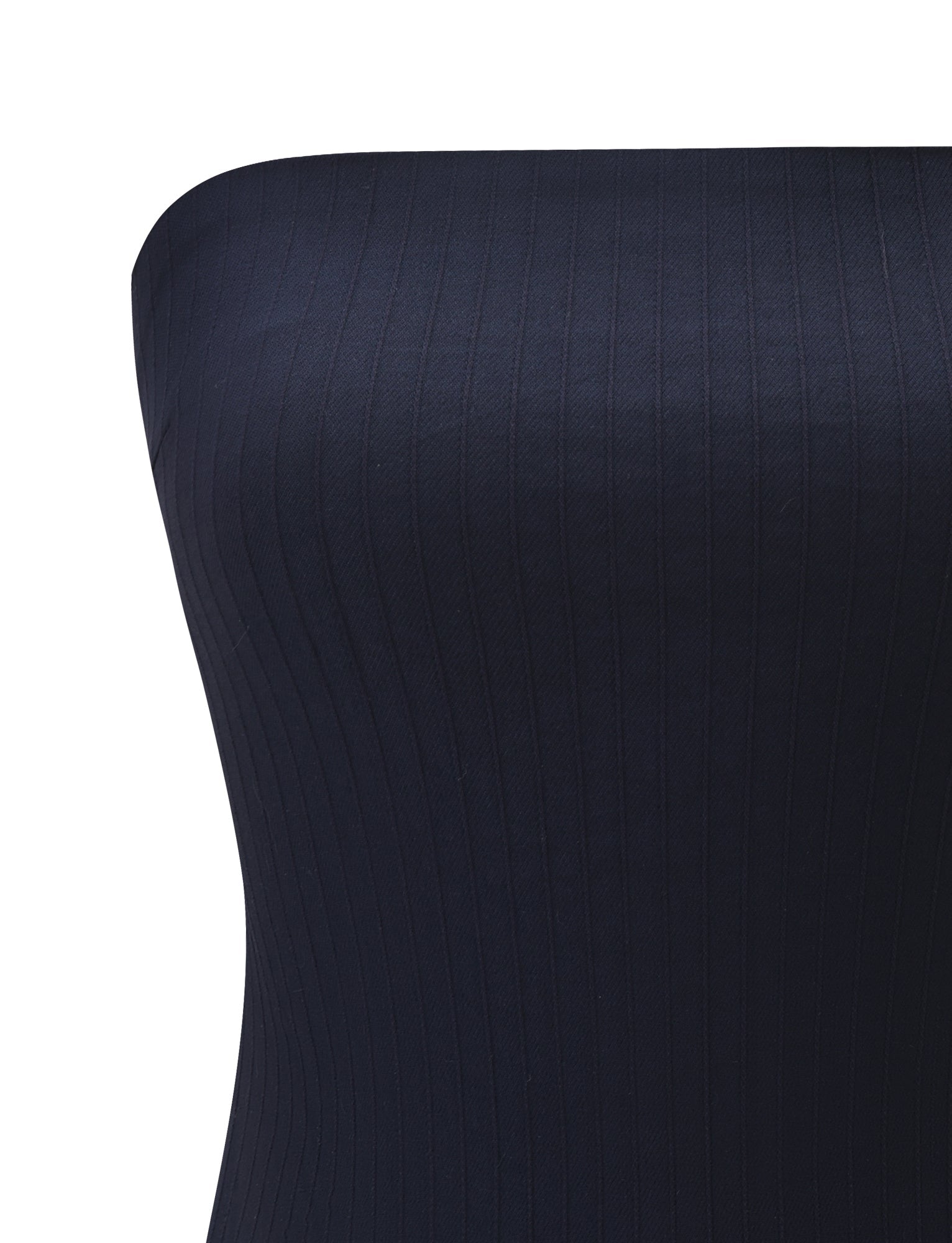 A close-up of the TIGERMIST GWENDOLINE TOP - NAVY, a dark blue ribbed strapless top with textured stripes, showcased on a mannequin or model focusing on the upper torso.