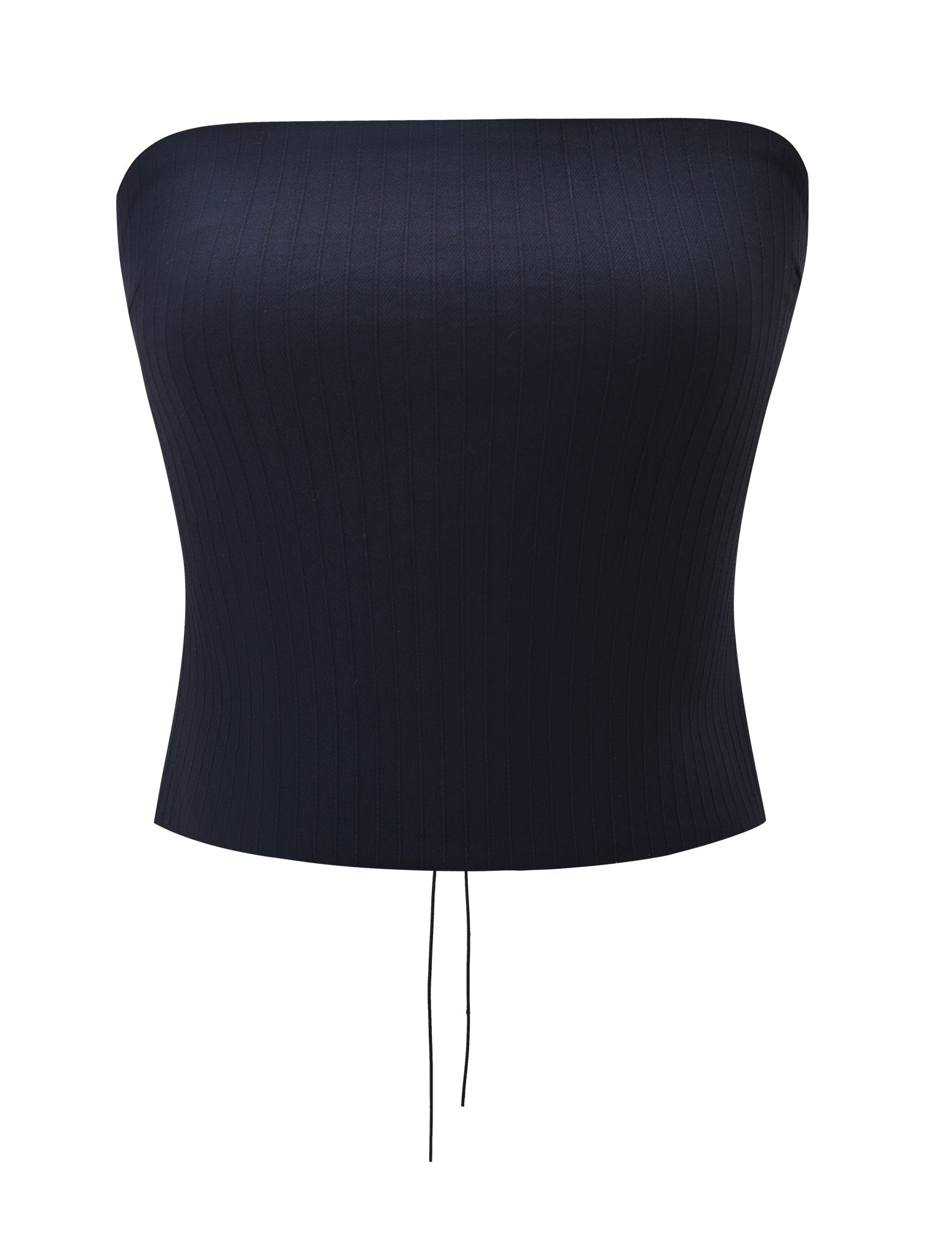The TIGERMIST GWENDOLINE TOP - NAVY is a strapless, ribbed knit top with a textured stripe design and two thin strings hanging from the hem for added detail.