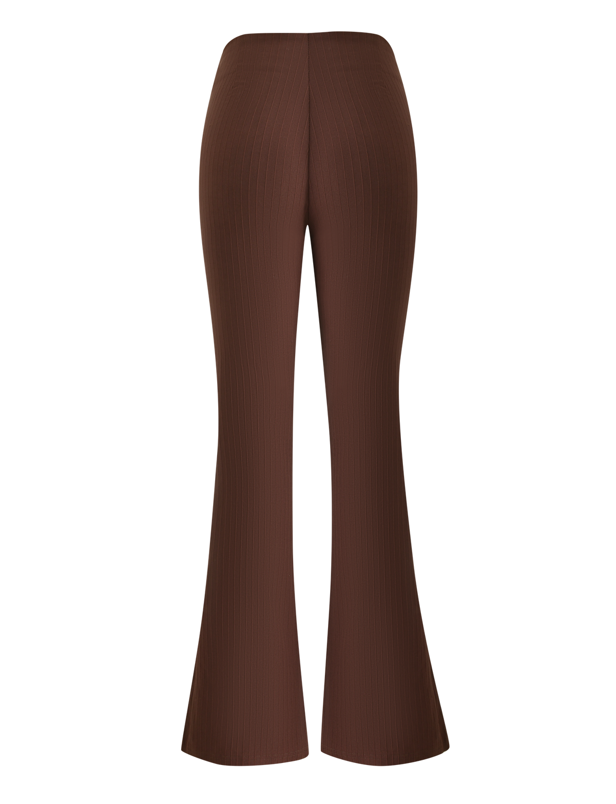 Back view of TIGERMIST GWENDOLINE PANT in chocolate—ribbed knit, flared leg style—shown against a white background.