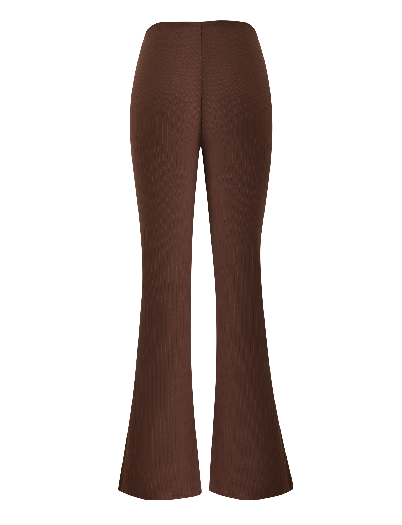 Back view of TIGERMIST GWENDOLINE PANT in chocolate—ribbed knit, flared leg style—shown against a white background.