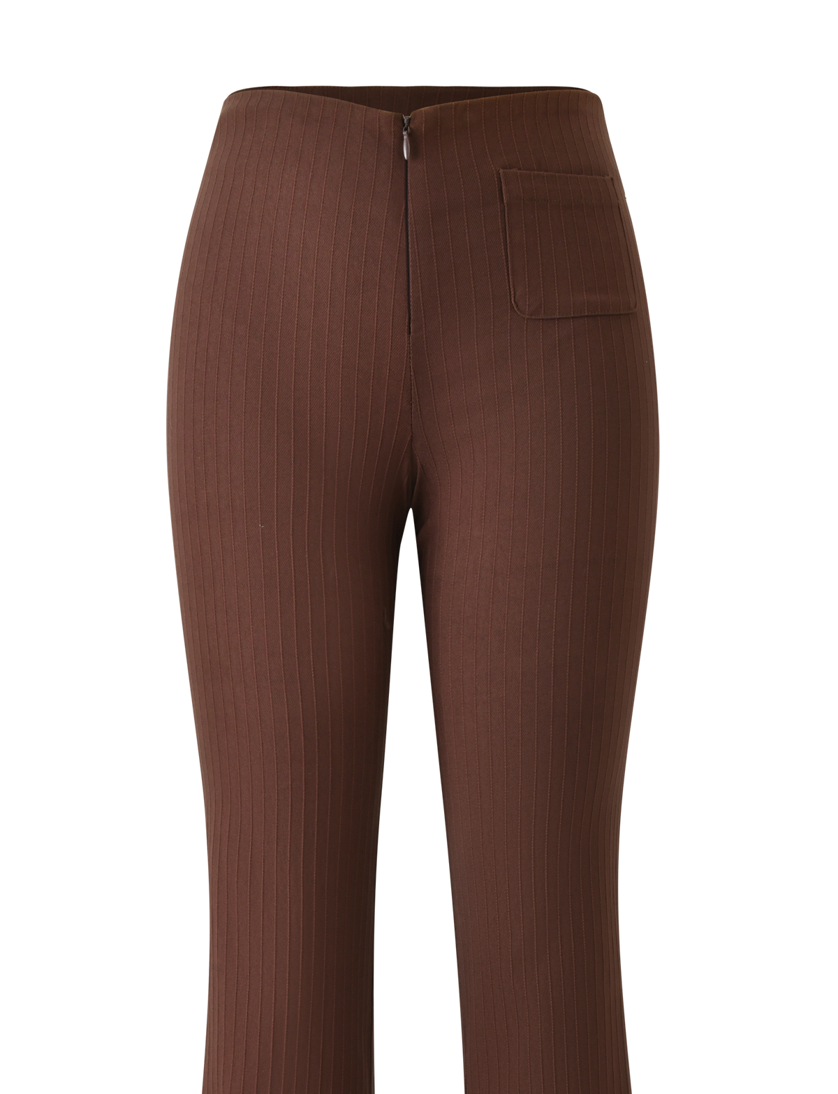 The TIGERMIST GWENDOLINE PANT in chocolate features vertical pinstripes, a high-waisted fit, front zipper, and a single right pocket. Displayed on a white background.