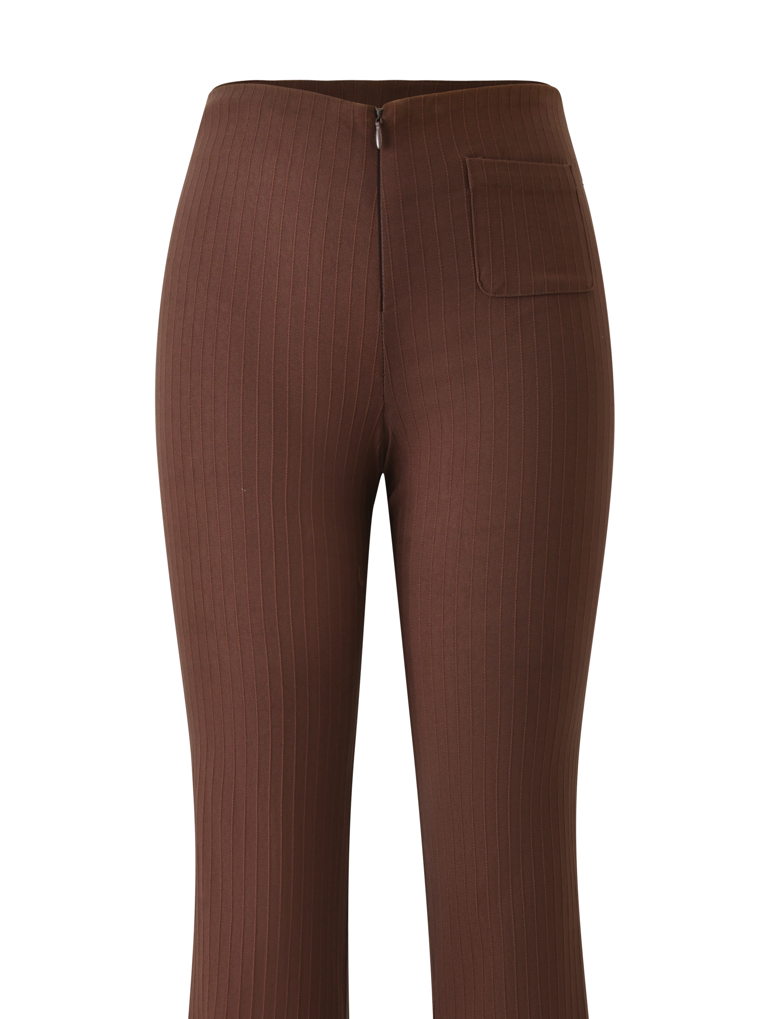 The TIGERMIST GWENDOLINE PANT in chocolate features vertical pinstripes, a high-waisted fit, front zipper, and a single right pocket. Displayed on a white background.