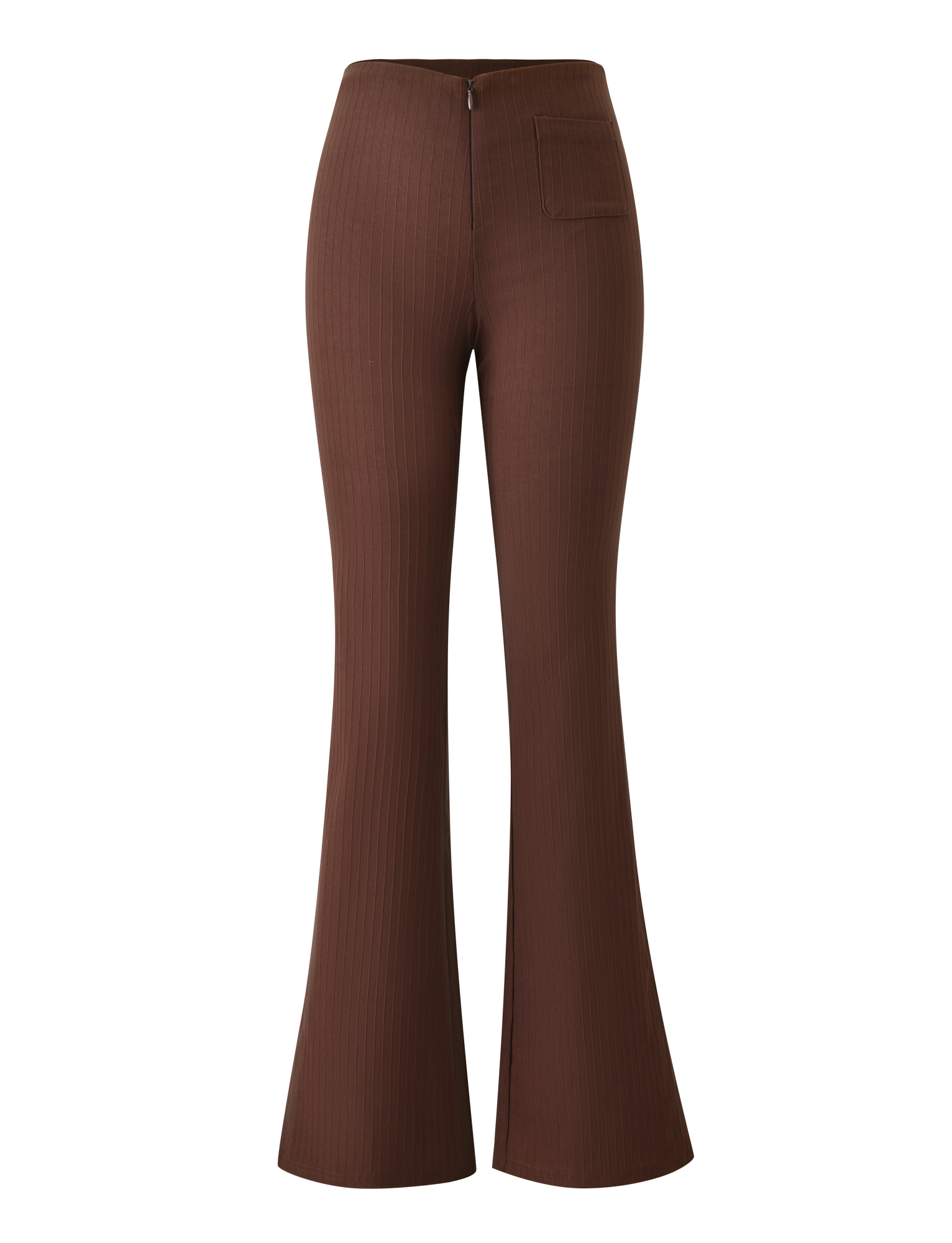The TIGERMIST GWENDOLINE PANT in chocolate features a high waist, ribbed flare design, front zipper, and a single right-side pocket—ideal for elevating everyday style. Shown on a white background.