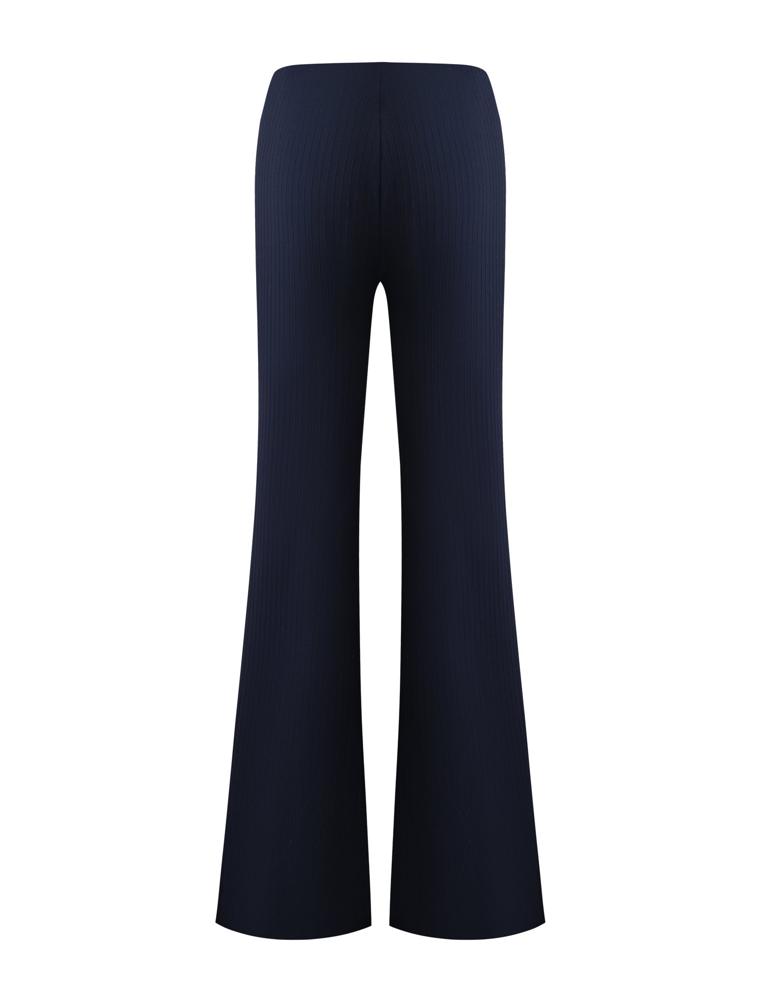 Back view of the TIGERMIST GWENDOLINE PANT in navy, featuring a high-waisted fit, flared legs, and ribbed texture, shown against a plain white background.