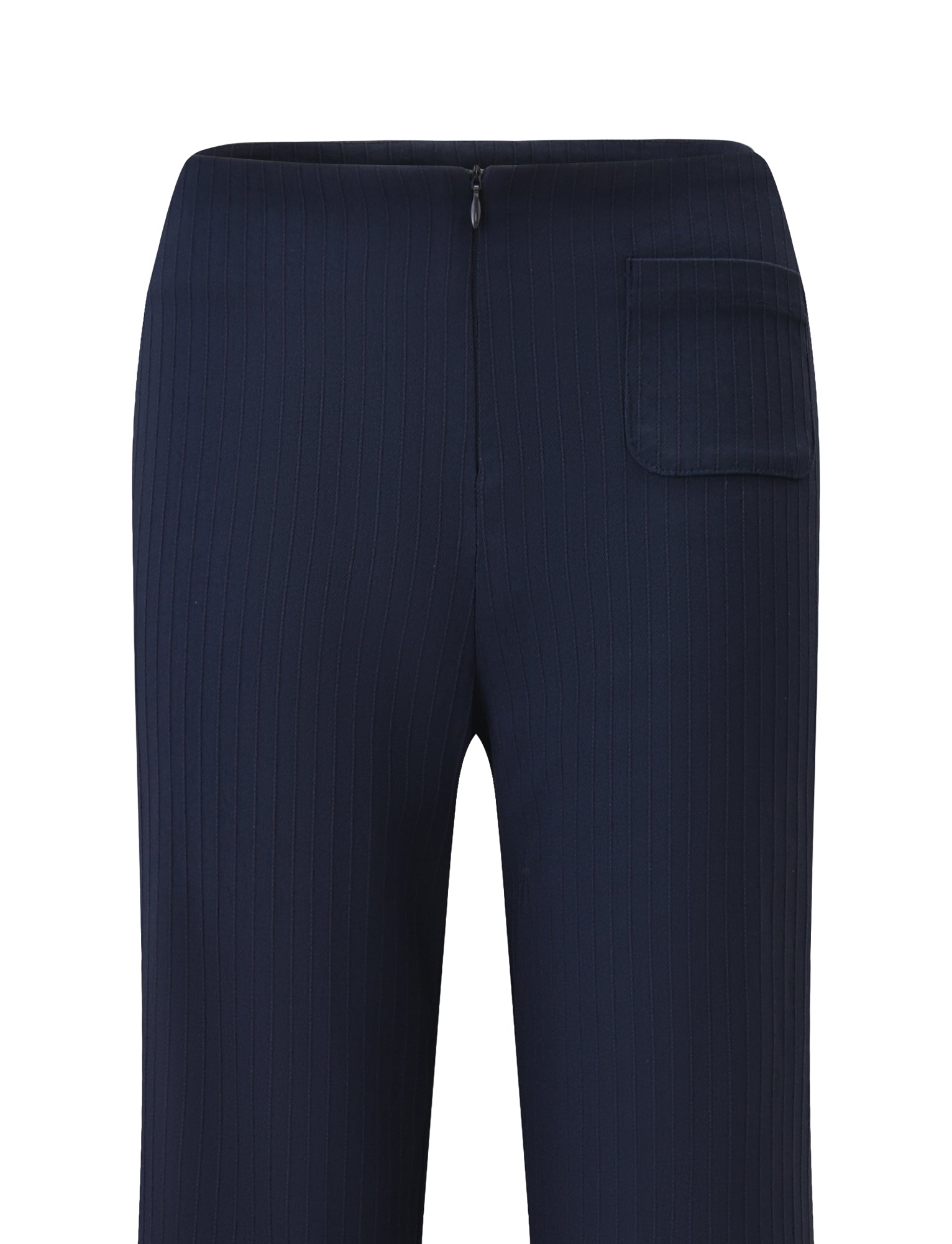 The TIGERMIST GWENDOLINE PANT - NAVY is a high-waisted, navy pinstriped pant with a right-side small pocket and a visible center back zipper for added detail.