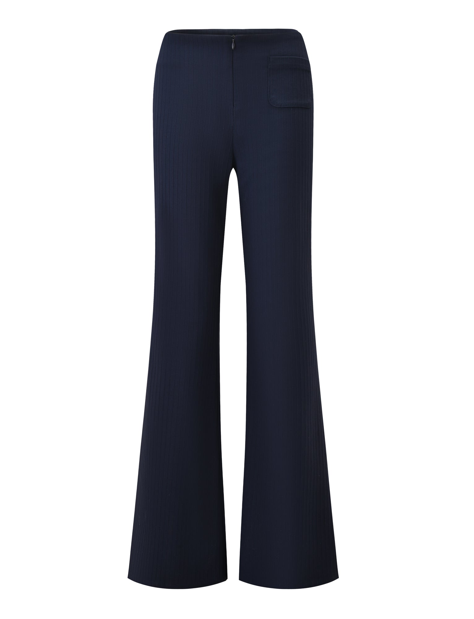 The GWENDOLINE PANT - NAVY by TIGERMIST features a ribbed, high-waisted flared leg, single back pocket, center-back zipper, and subtle vertical texture for a modern twist on classic navy suit pants.