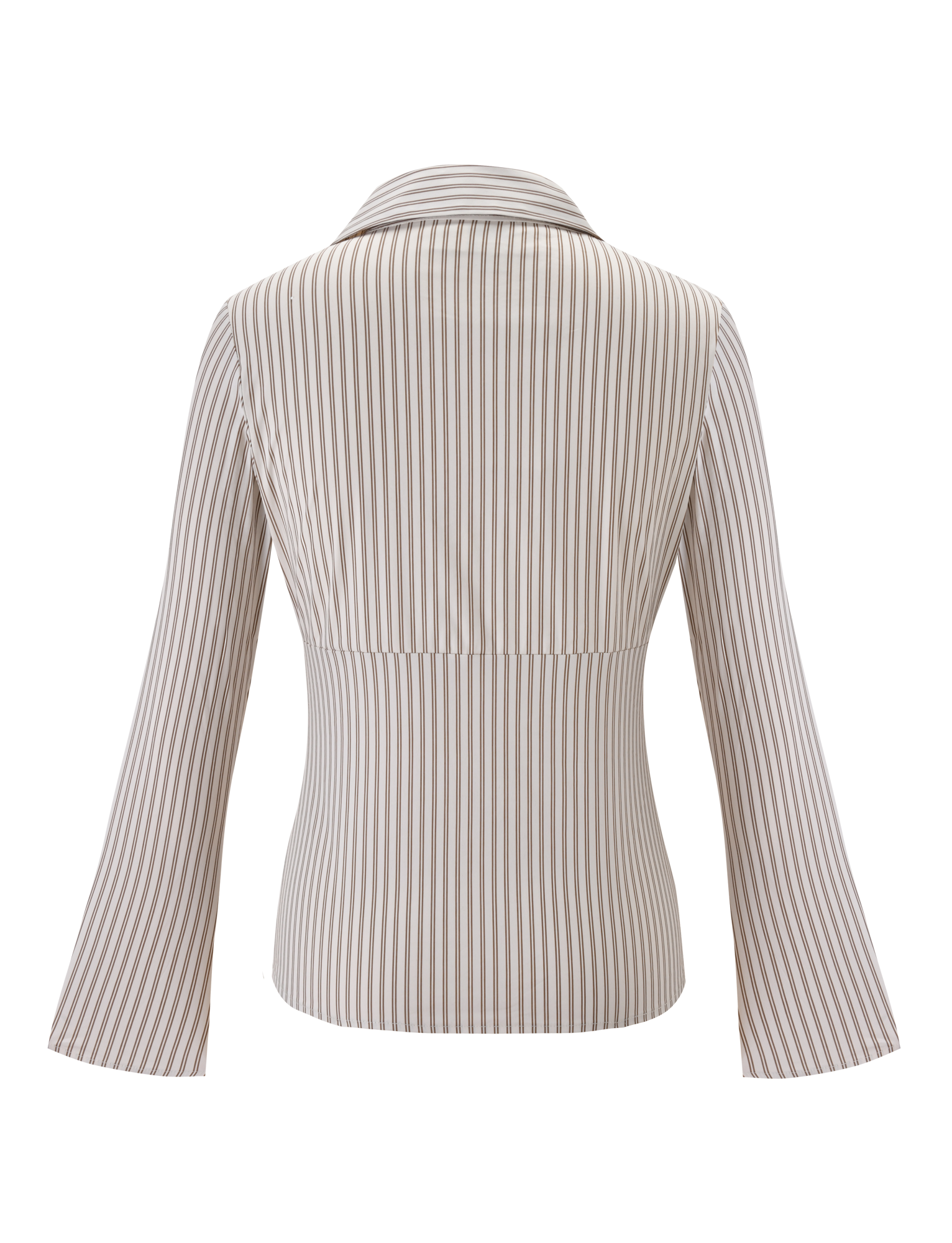 Back view of the TIGERMIST SABRINE SHIRT - BEIGE STRIPE, featuring taupe and white vertical stripes, slightly flared cuffs, and a fitted waist, displayed on a white background.
